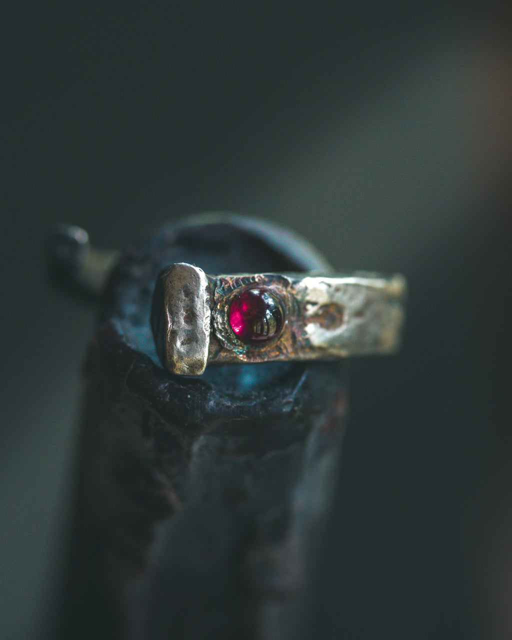 Coffin Nail Ring with Rhodolite Garnet Cabochon – Sterling Silver and 23.5K Gold Talisman of Banishment, Love & Inner Fire