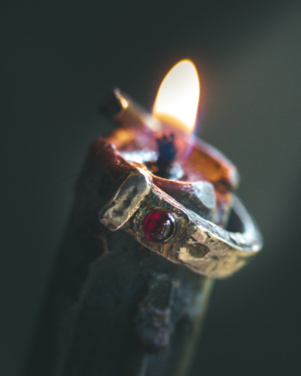 Coffin Nail Ring with Rhodolite Garnet Cabochon – Sterling Silver and 23.5K Gold Talisman of Banishment, Love & Inner Fire