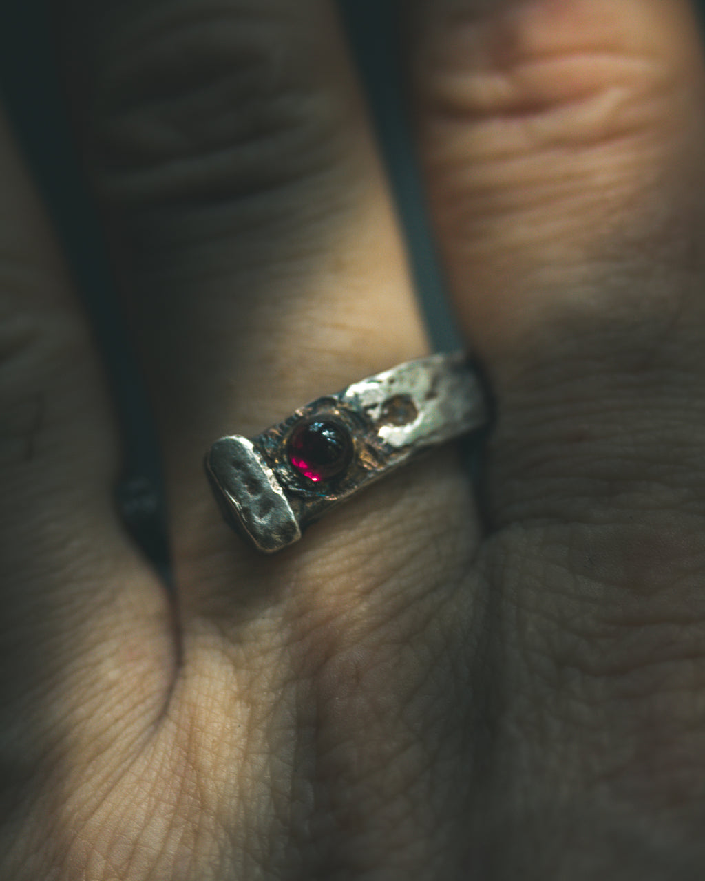 Coffin Nail Ring with Rhodolite Garnet Cabochon – Sterling Silver and 23.5K Gold Talisman of Banishment, Love & Inner Fire