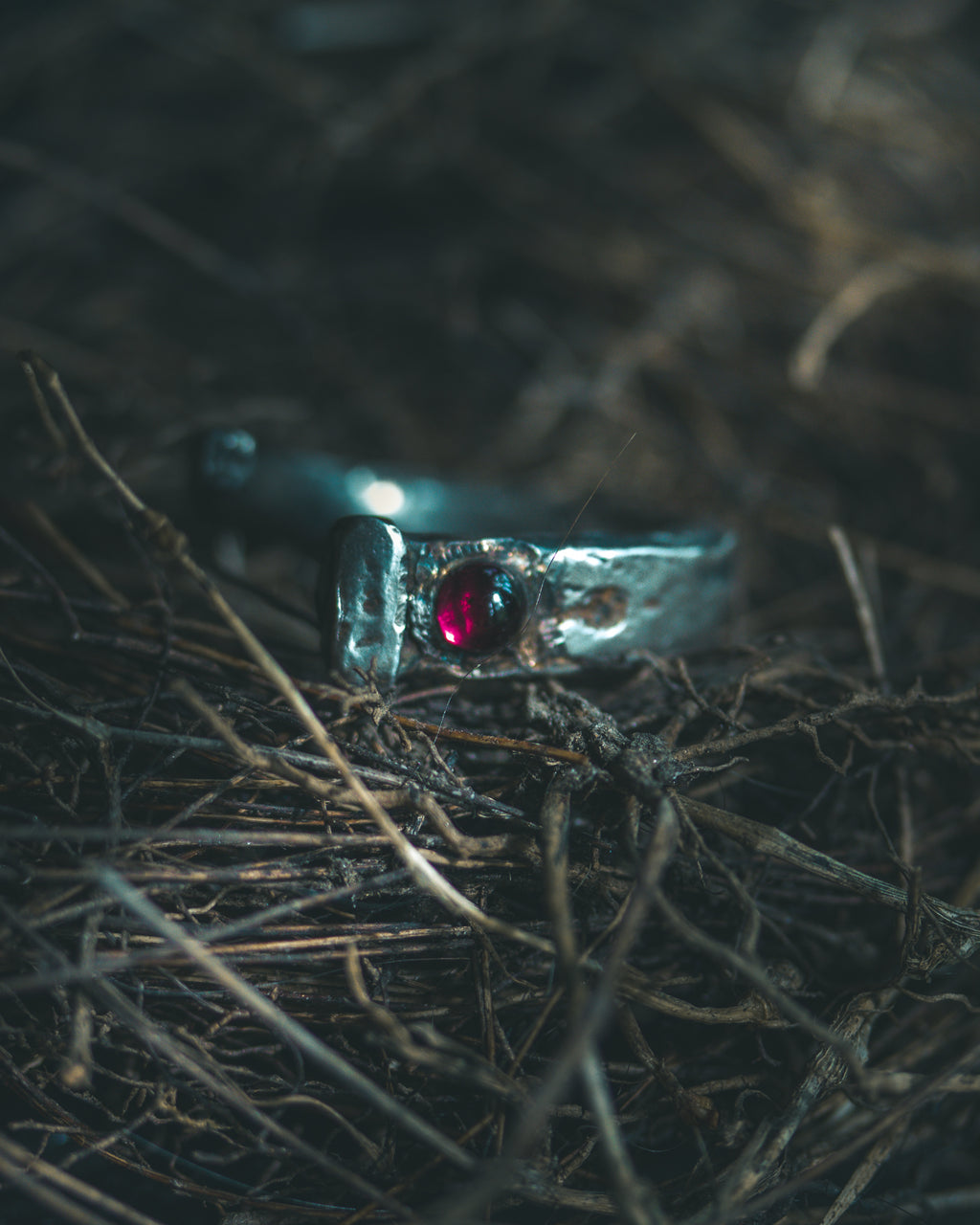 Coffin Nail Ring with Rhodolite Garnet Cabochon – Sterling Silver and 23.5K Gold Talisman of Banishment, Love & Inner Fire