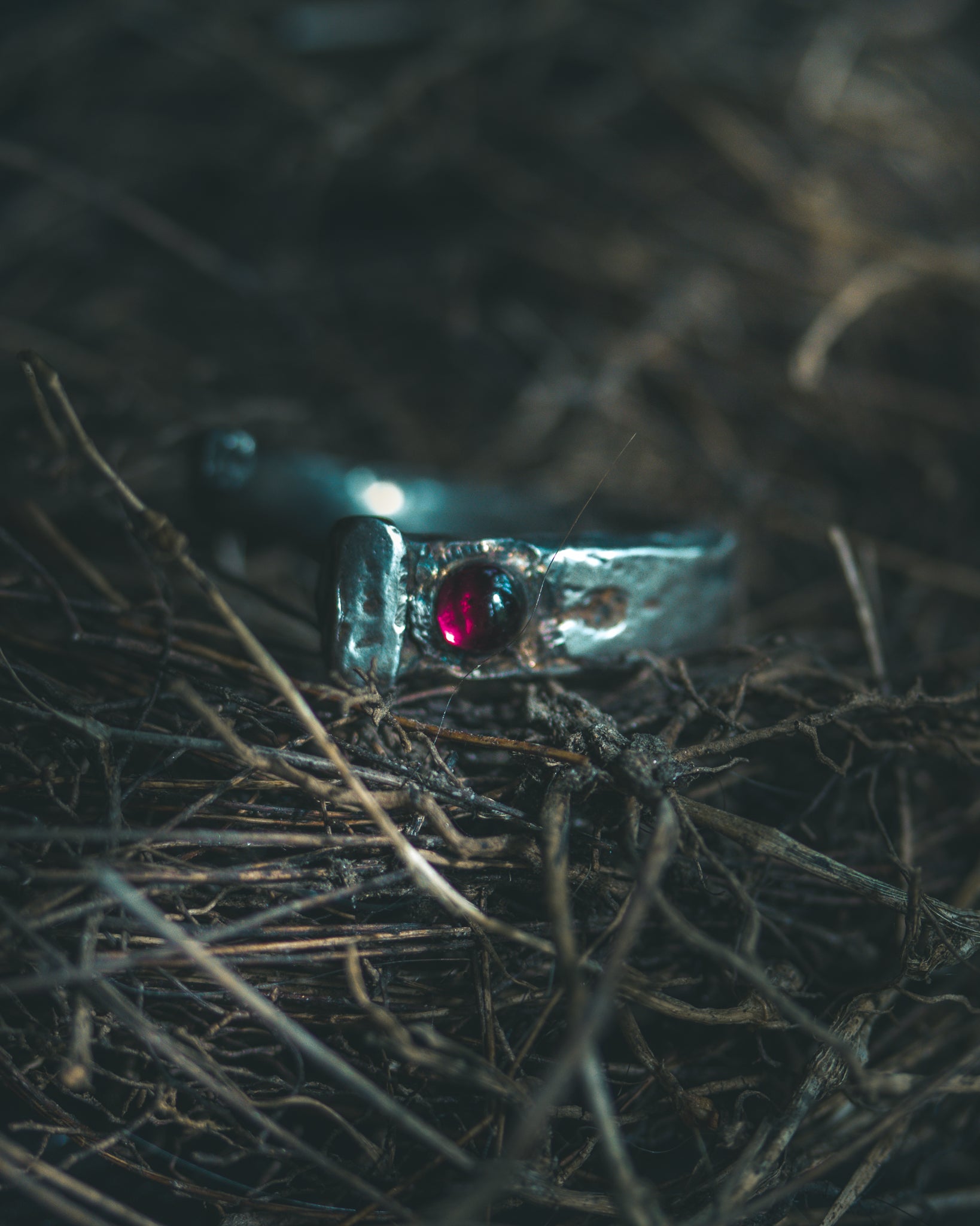 Coffin Nail Ring with Rhodolite Garnet Cabochon – Sterling Silver and 23.5K Gold Talisman of Banishment, Love & Inner Fire