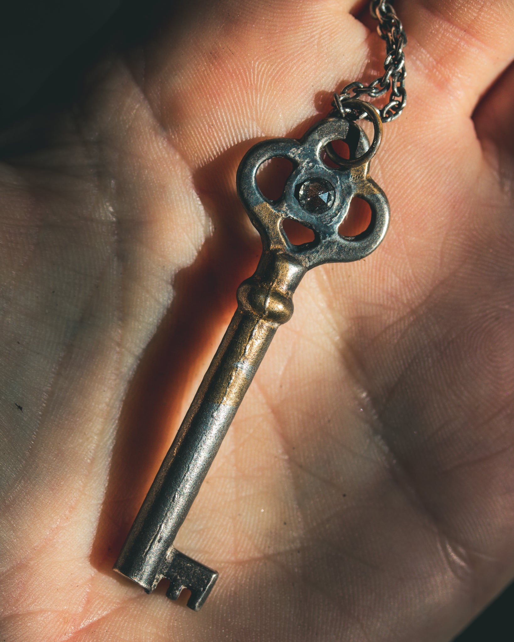 Hekate's Crossroads Key with 4mm Salt & Pepper Diamond – Sterling Silver & 23.5K Gold | Occult Talisman Pendant
