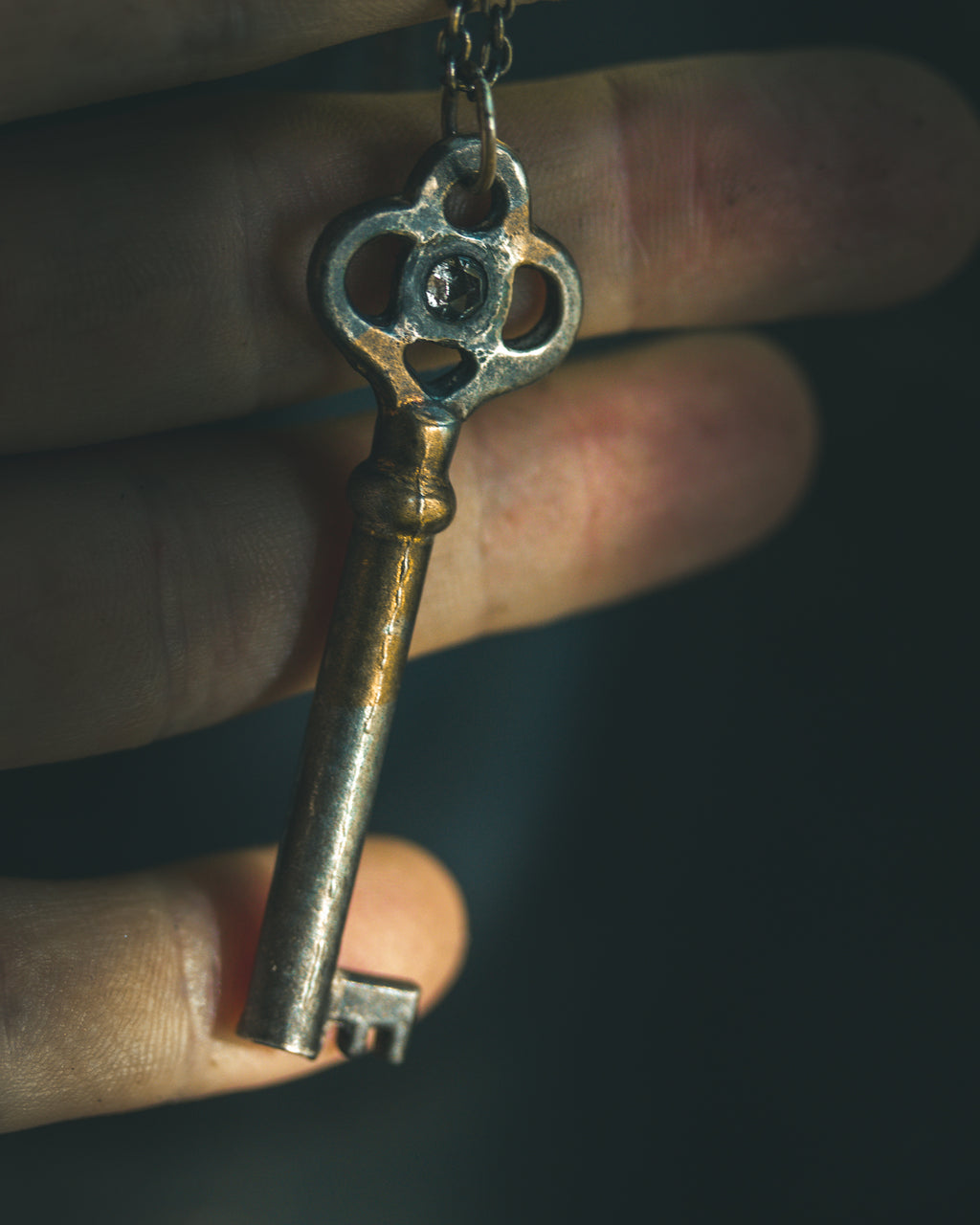 Hekate's Crossroads Key with 4mm Salt & Pepper Diamond – Sterling Silver & 23.5K Gold | Occult Talisman Pendant