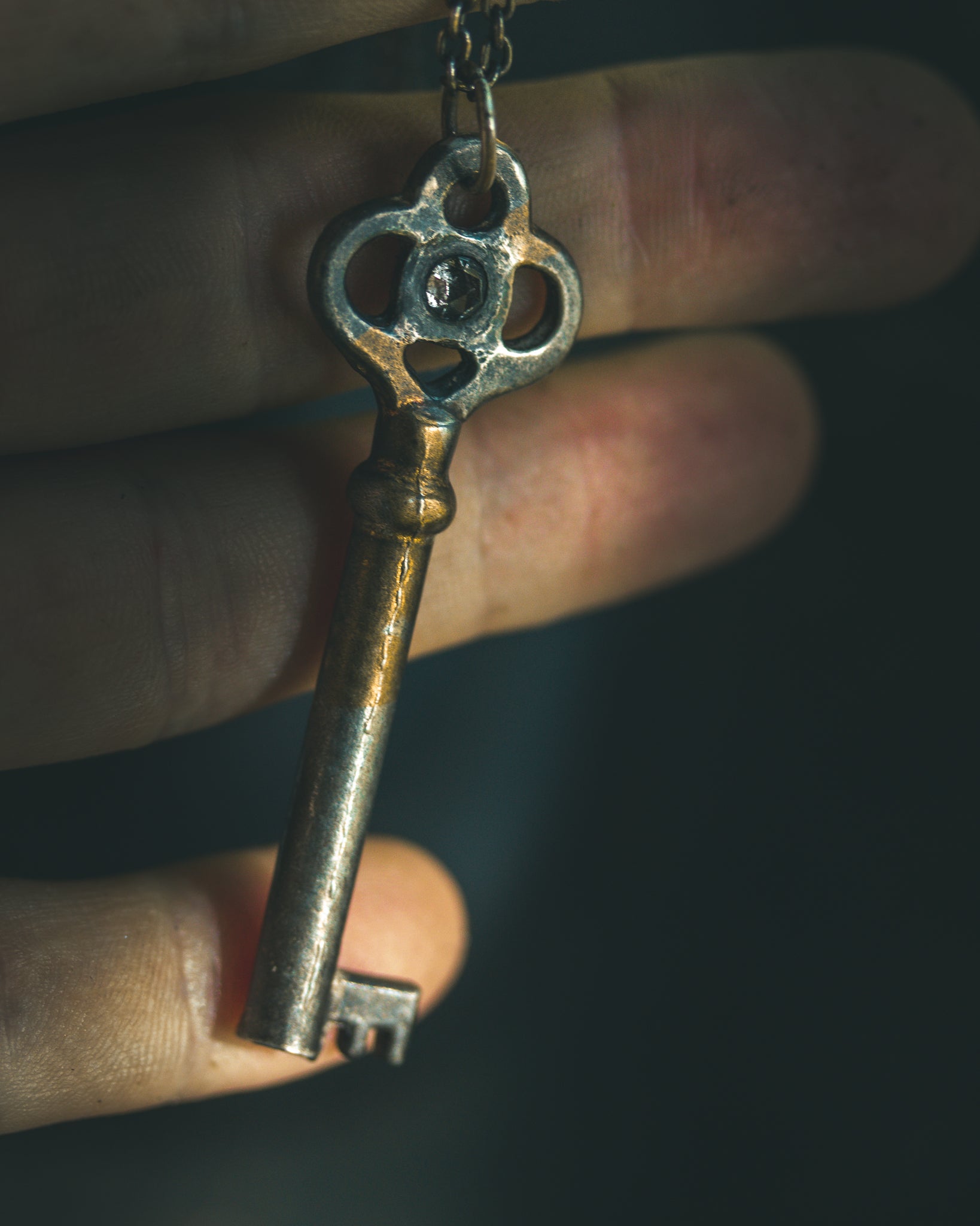 Hekate's Crossroads Key with 4mm Salt & Pepper Diamond – Sterling Silver & 23.5K Gold | Occult Talisman Pendant