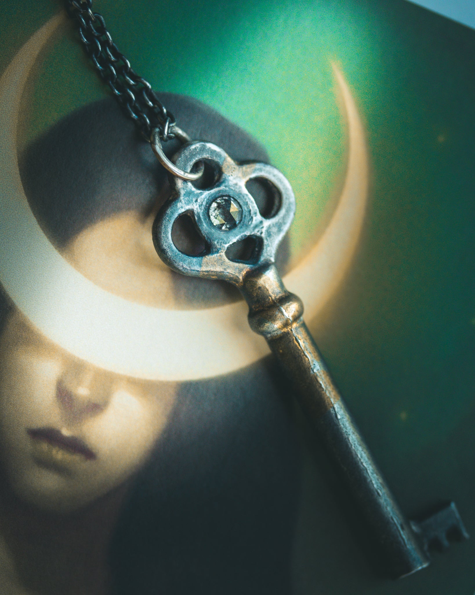 Hekate's Crossroads Key with 4mm Salt & Pepper Diamond – Sterling Silver & 23.5K Gold | Occult Talisman Pendant
