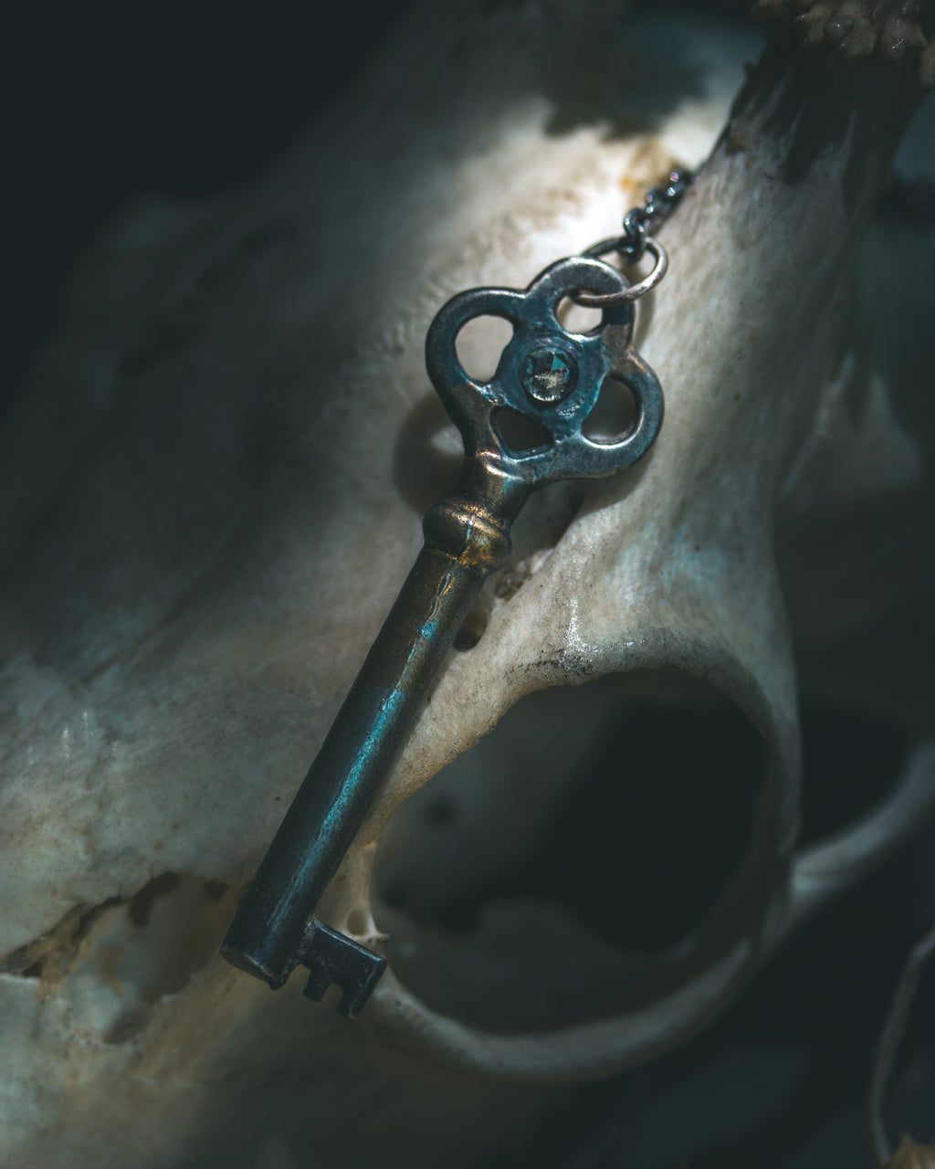 Hekate's Crossroads Key with 4mm Salt & Pepper Diamond – Sterling Silver & 23.5K Gold | Occult Talisman Pendant