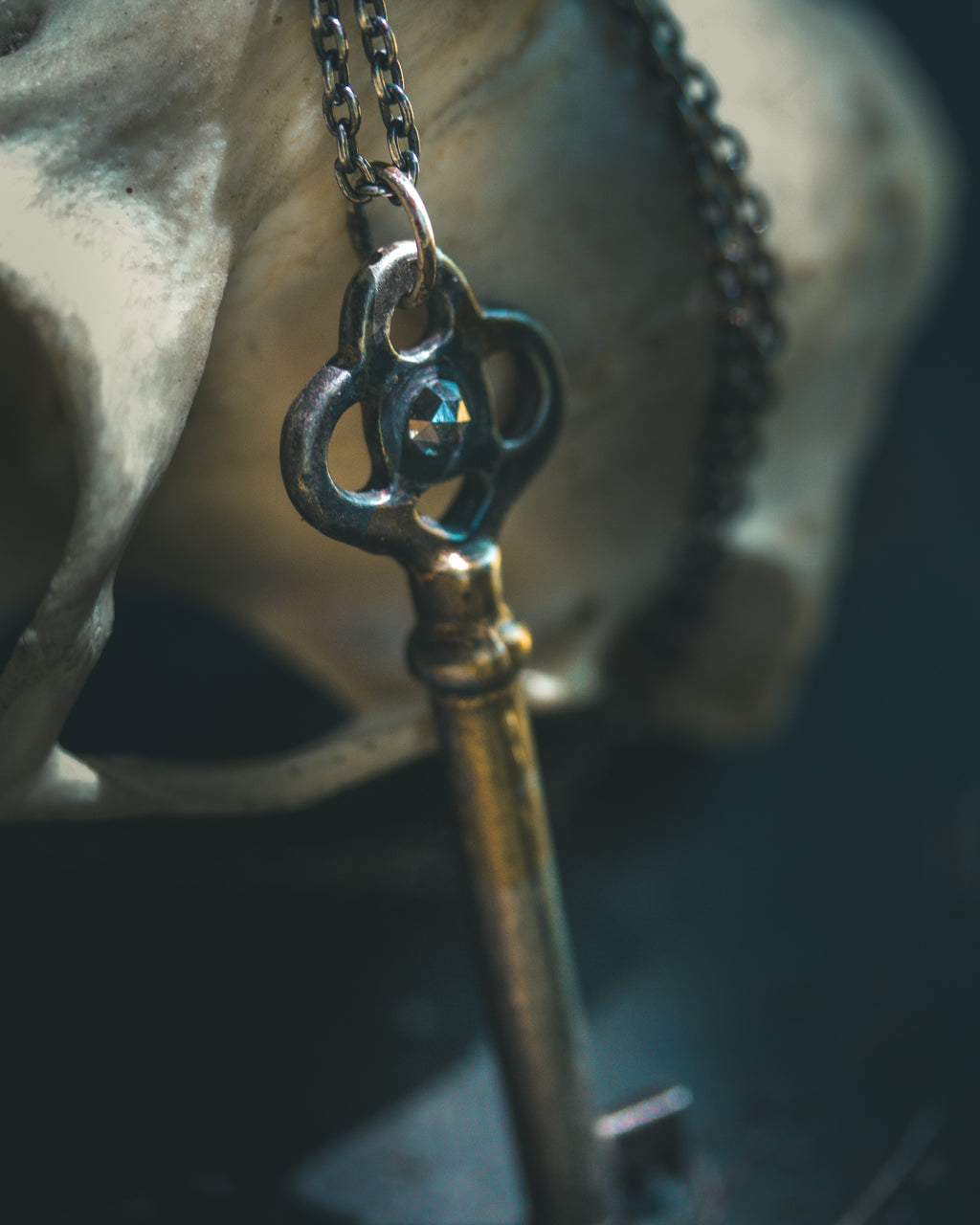 Hekate's Crossroads Key with 4mm Salt & Pepper Diamond – Sterling Silver & 23.5K Gold | Occult Talisman Pendant
