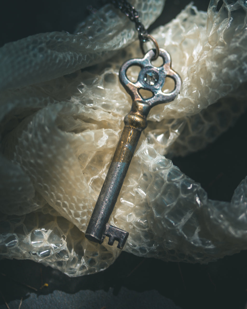 Hekate's Crossroads Key with 4mm Salt & Pepper Diamond – Sterling Silver & 23.5K Gold | Occult Talisman Pendant
