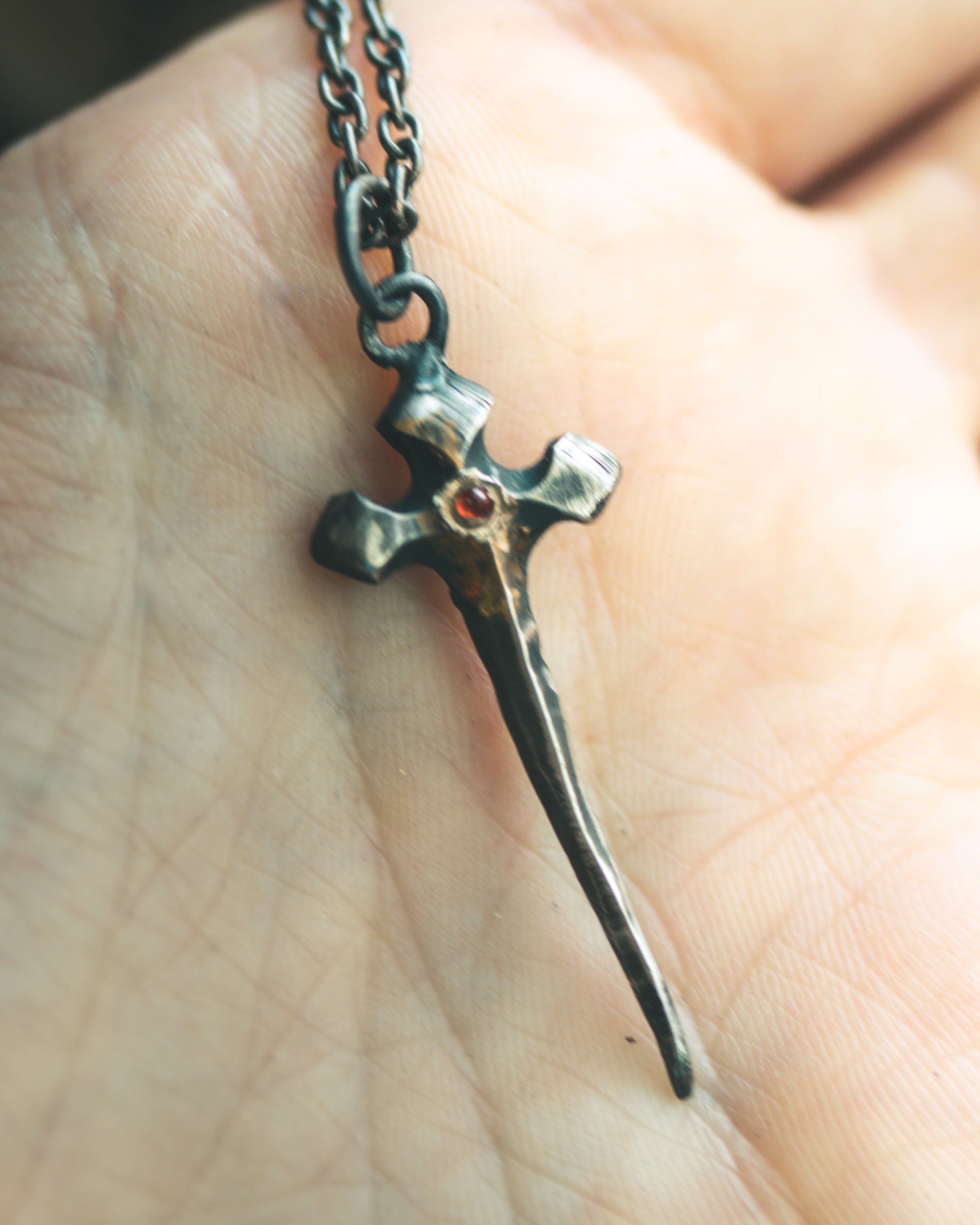 Sword Pendant with Almandine Garnet – Sterling Silver & 23.5K Gold Talisman of Fire, Strength, and Sacred Craft