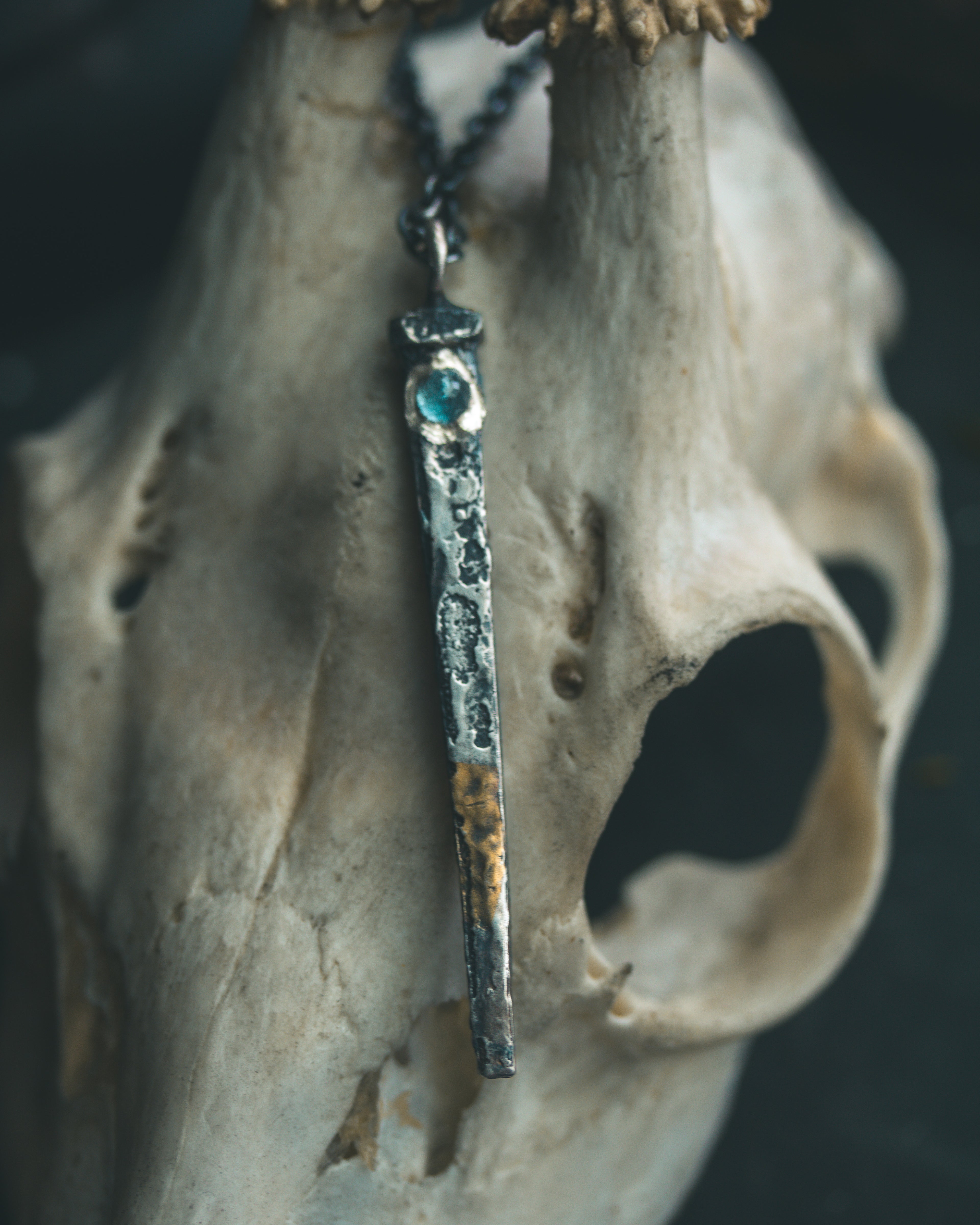Coffin Nail Pendant with Rare Santa Maria Aquamarine – Sterling Silver & 23.5K Gold Talisman of Release, Protection & Oceanic Clarity