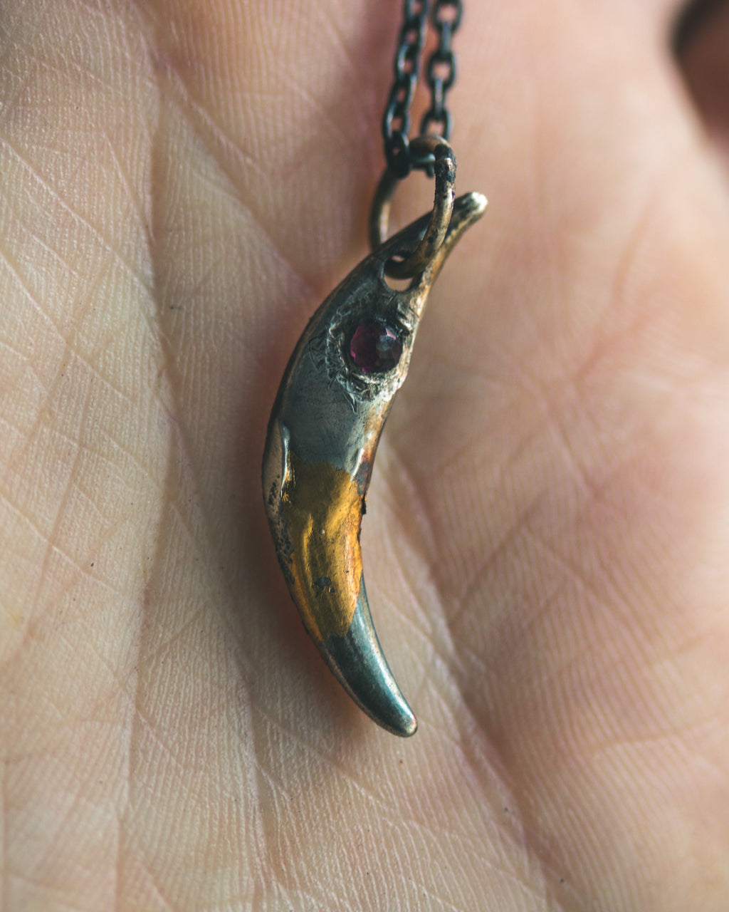 Fox Fang Pendant with Rose-Cut Rhodolite Garnet  Sterling Silver | A Talisman of Instinct, Passion & Mystical Insight