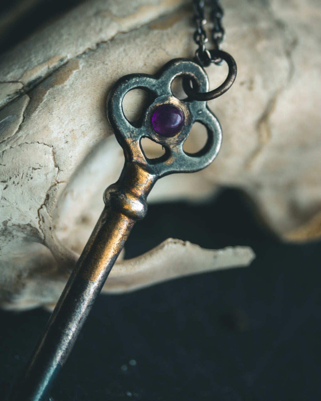 Hekate's Crossroads Key | African Amethyst Cabochon | Sterling Silver + 23.5K Gold | Hekate Wheel Pendant | Occult Talisman
