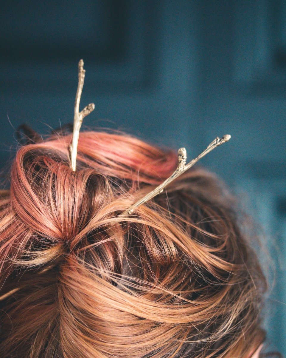 Apple Blossom Hair Pins – White Brass | Cast from a Winter Branch in Vermont - Machinations