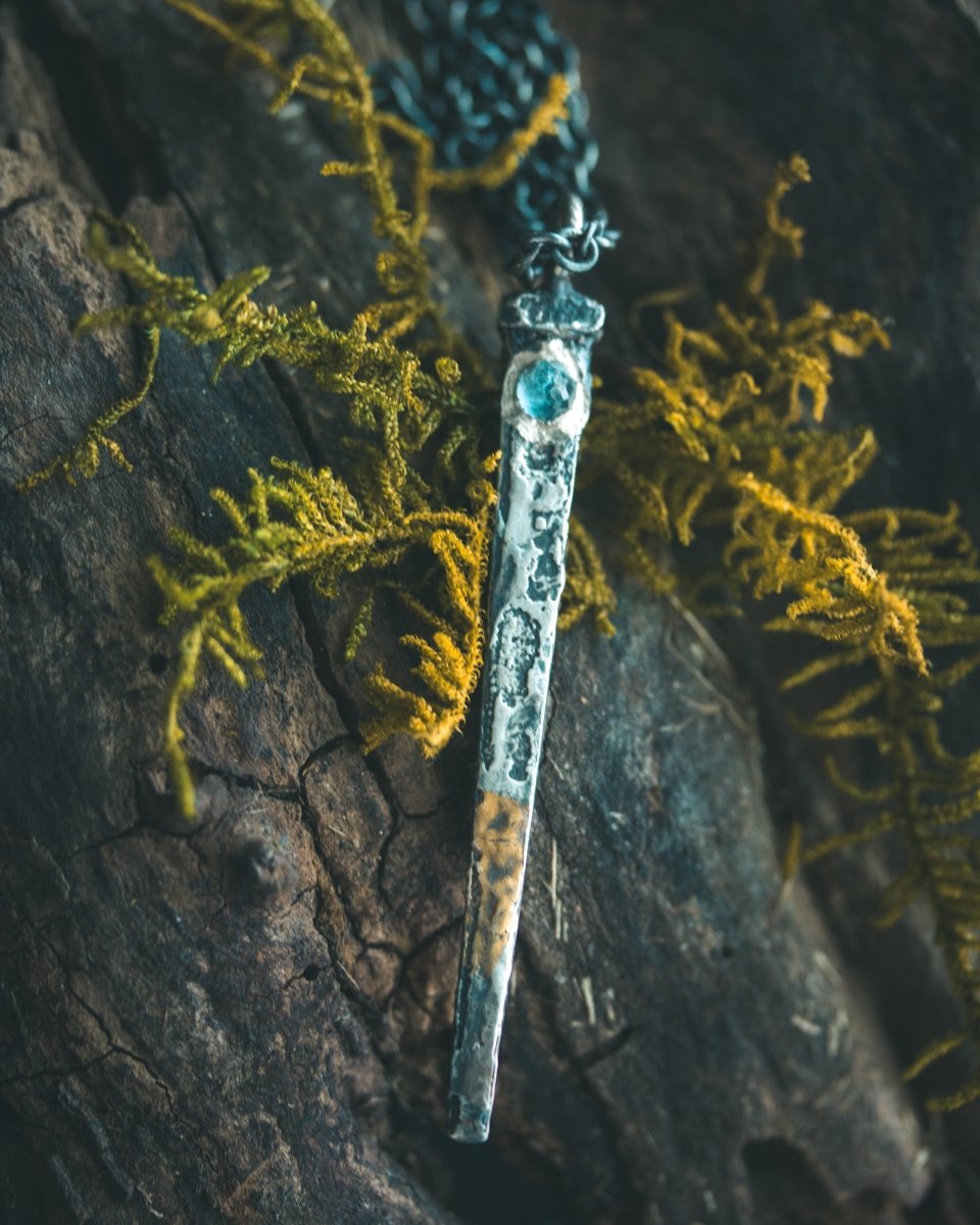 Coffin Nail Pendant with Rare Santa Maria Aquamarine – Sterling Silver & 23.5K Gold Talisman of Release, Protection & Oceanic Clarity - Machinations