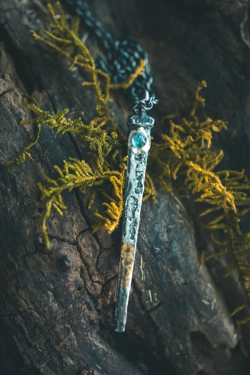 Coffin Nail Pendant with Rare Santa Maria Aquamarine – Sterling Silver & 23.5K Gold Talisman of Release, Protection & Oceanic Clarity - Machinations