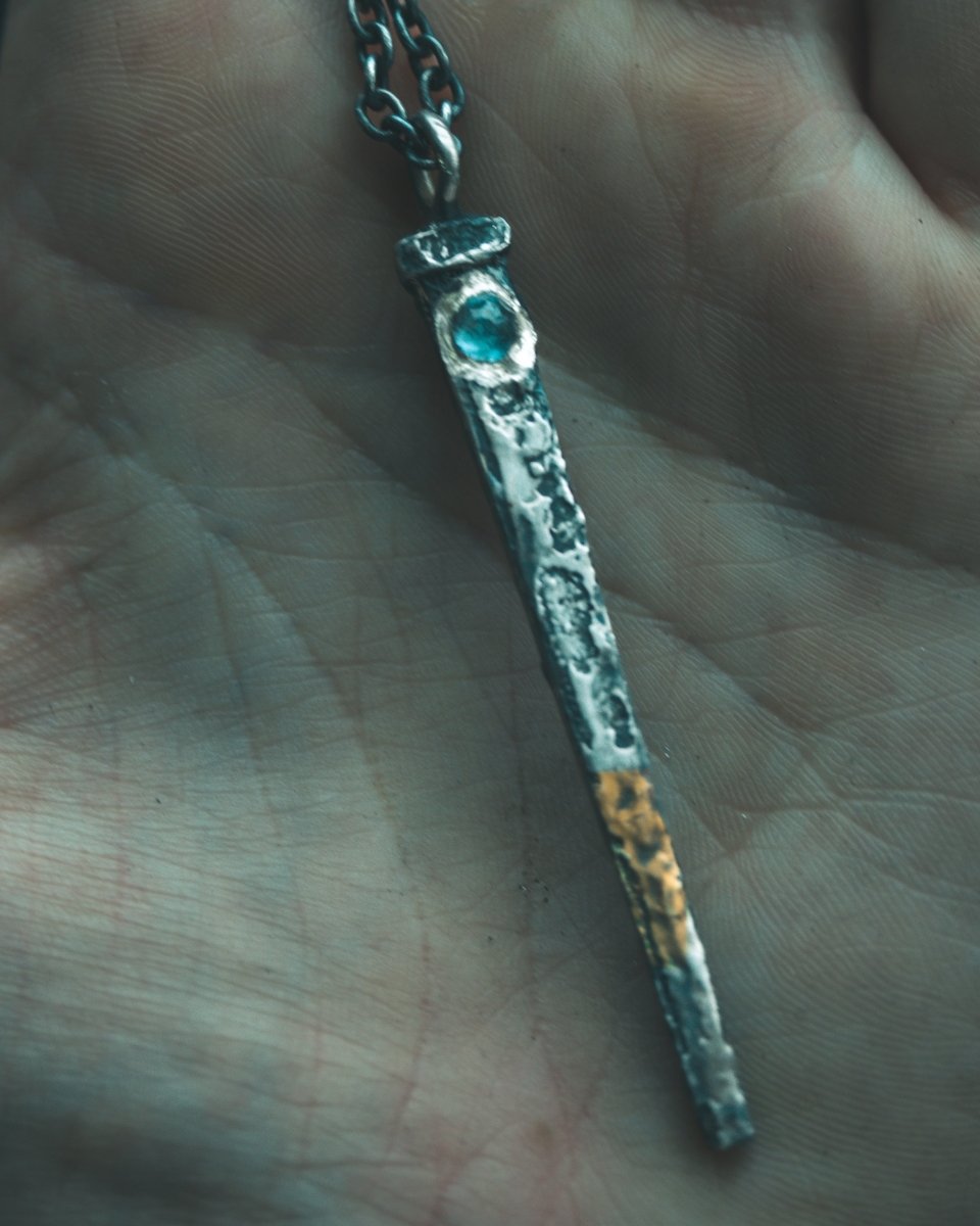 Coffin Nail Pendant with Rare Santa Maria Aquamarine – Sterling Silver & 23.5K Gold Talisman of Release, Protection & Oceanic Clarity - Machinations