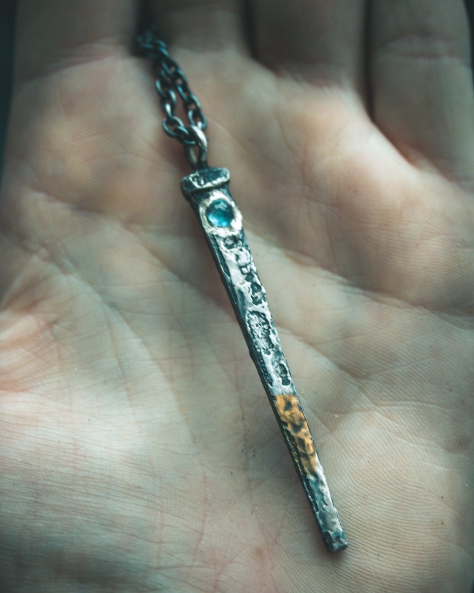 Coffin Nail Pendant with Rare Santa Maria Aquamarine – Sterling Silver & 23.5K Gold Talisman of Release, Protection & Oceanic Clarity - Machinations