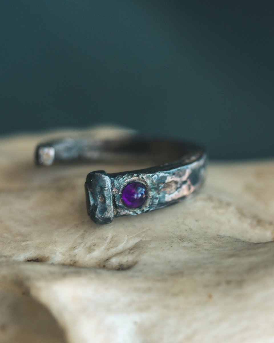 Coffin Nail Ring with 4mm Dark African Amethyst – Sterling Silver & 23.5K Gold | Talisman of Banishment, Intuition & Spiritual Strength - Machinations
