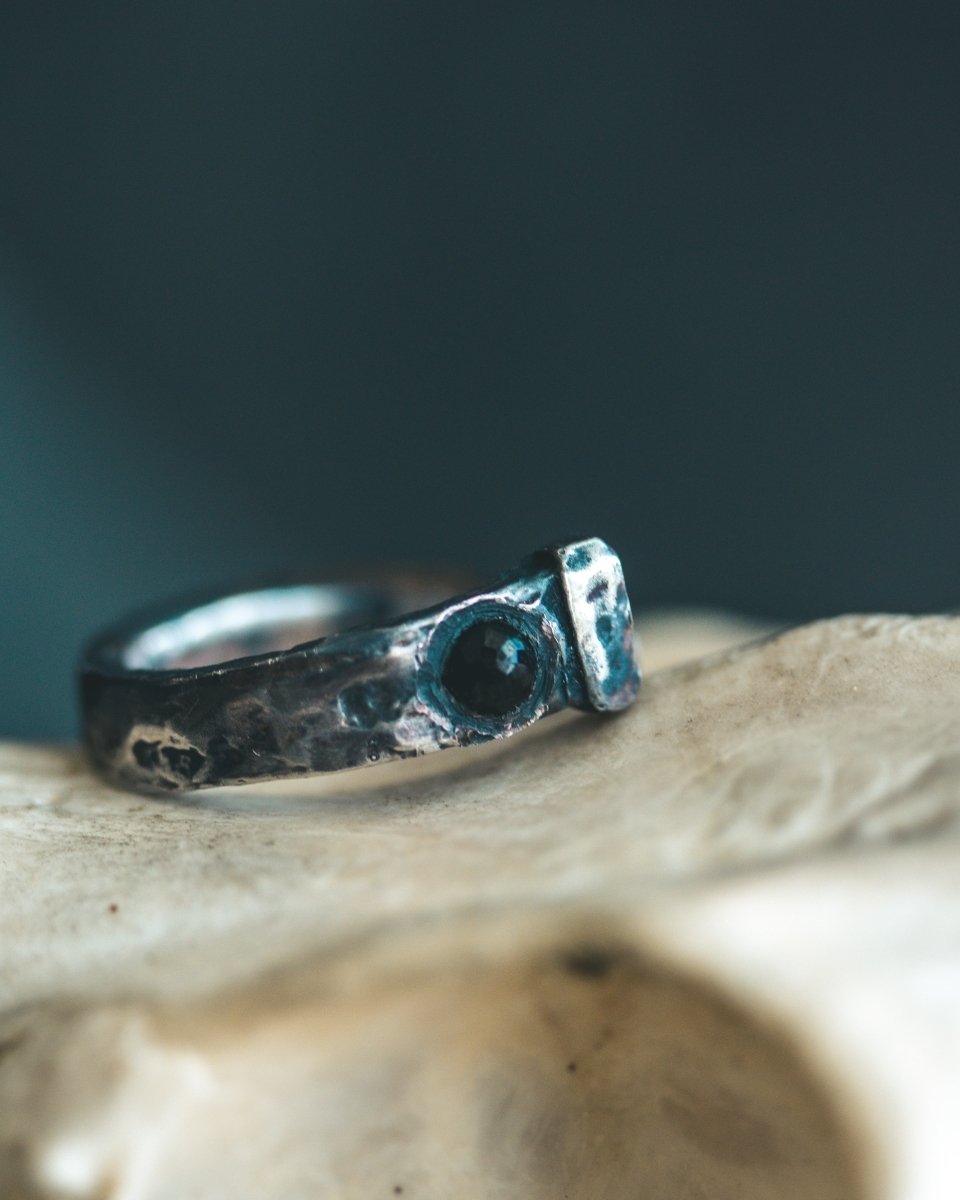 Coffin Nail Ring with Black Spinel – Sterling Silver & 23.5K Gold | Talisman of Banishing, Protection & Inner Power - Machinations