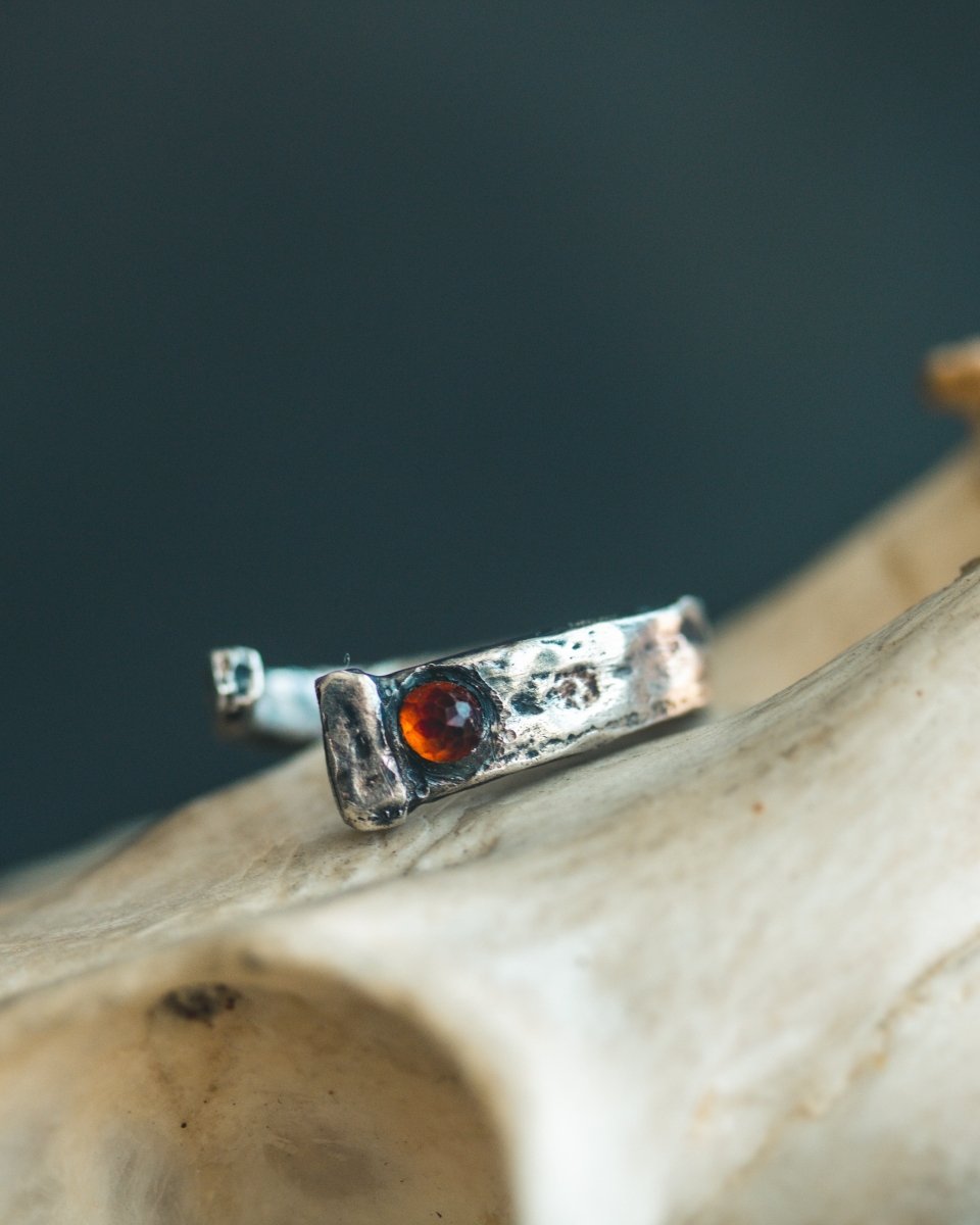 Coffin Nail Ring with Hessonite Garnet – Sterling Silver & 23.5K Gold | Talisman of Banishment, Clarity & Sacred Fire - Machinations