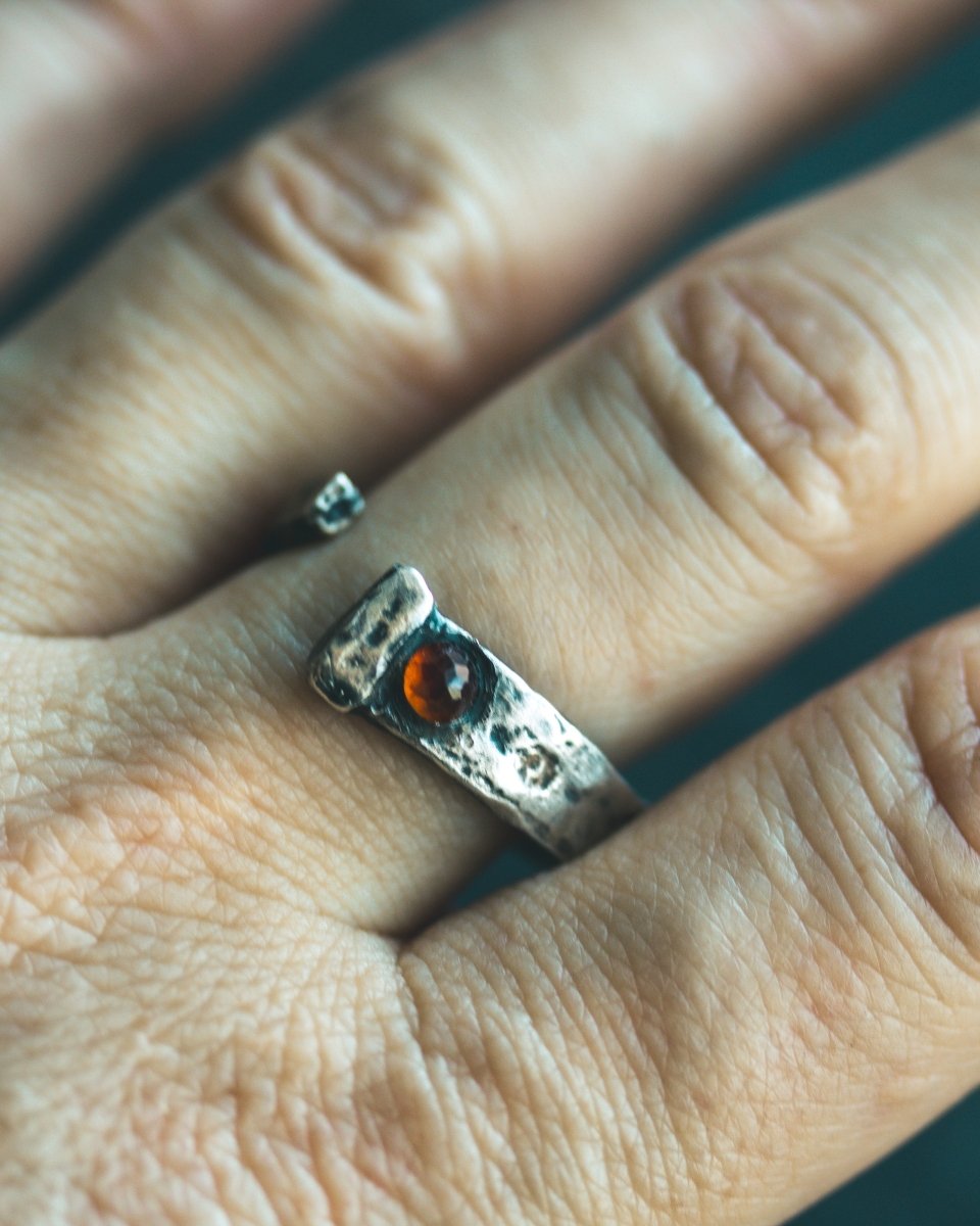 Coffin Nail Ring with Hessonite Garnet – Sterling Silver & 23.5K Gold | Talisman of Banishment, Clarity & Sacred Fire - Machinations