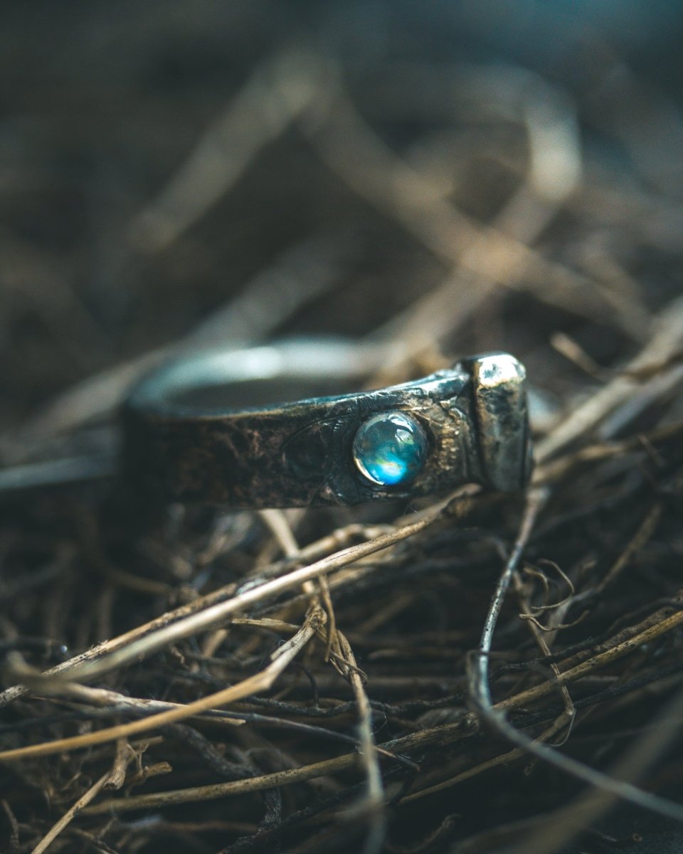 Coffin Nail Ring with Moonstone – Sterling Silver & 23.5K Gold | Talisman for Banishing, Intuition & Emotional Release - Machinations