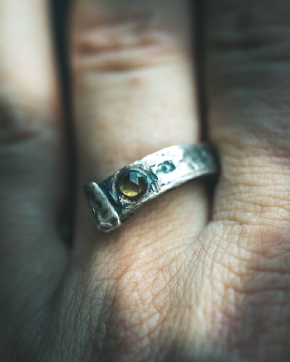 Coffin Nail Ring with Peridot – Sterling Silver and 23.5K Gold | Talisman of Banishment, Renewal & Sacred Fire - Machinations