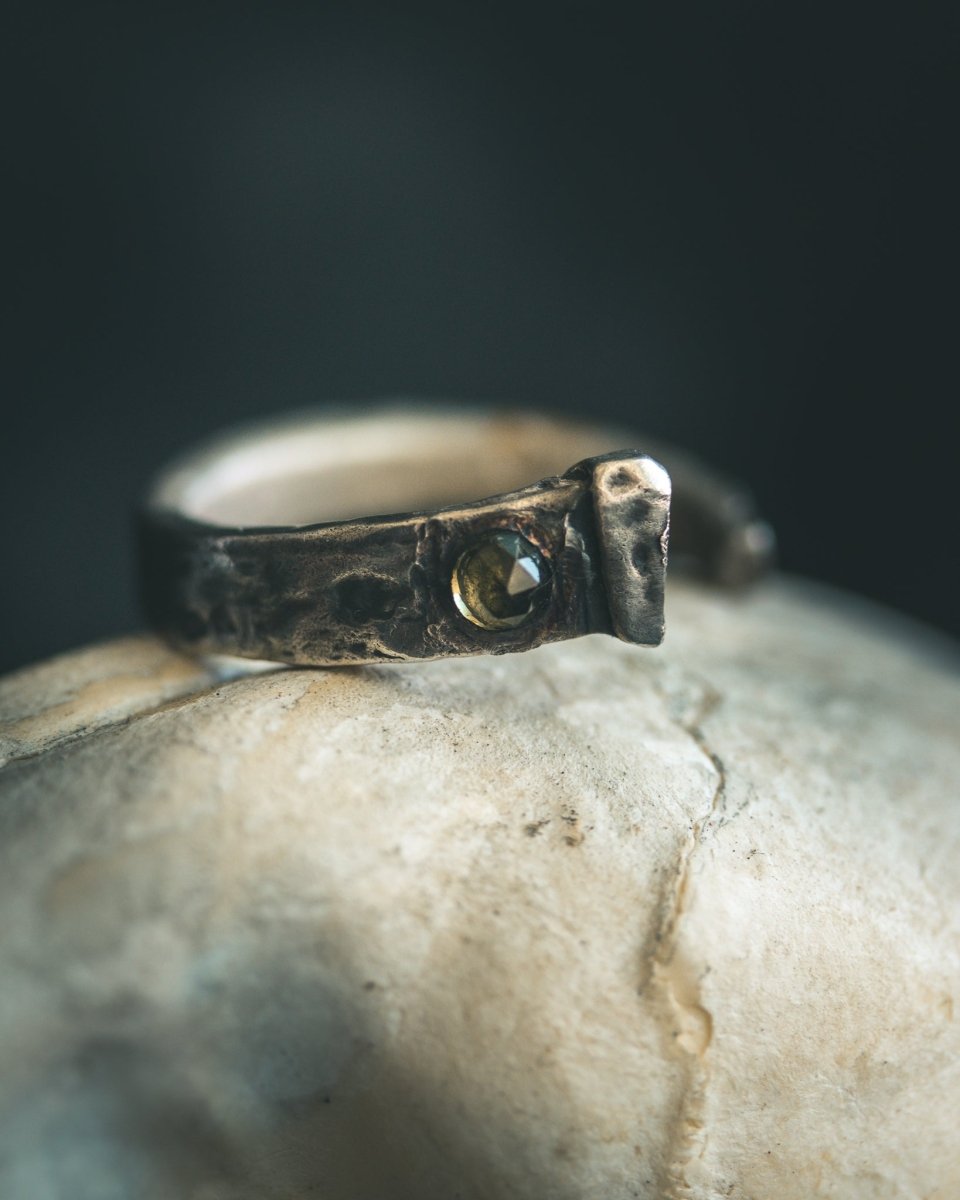 Coffin Nail Ring with Peridot – Sterling Silver and 23.5K Gold | Talisman of Banishment, Renewal & Sacred Fire - Machinations