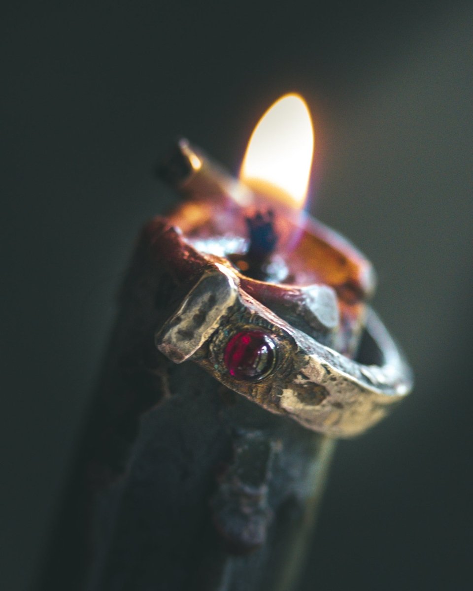Coffin Nail Ring with Rhodolite Garnet Cabochon – Sterling Silver and 23.5K Gold Talisman of Banishment, Love & Inner Fire - Machinations