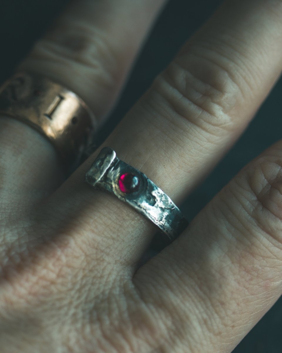 Coffin Nail Ring with Rhodolite Garnet Cabochon – Sterling Silver and 23.5K Gold Talisman of Banishment, Love & Inner Fire - Machinations