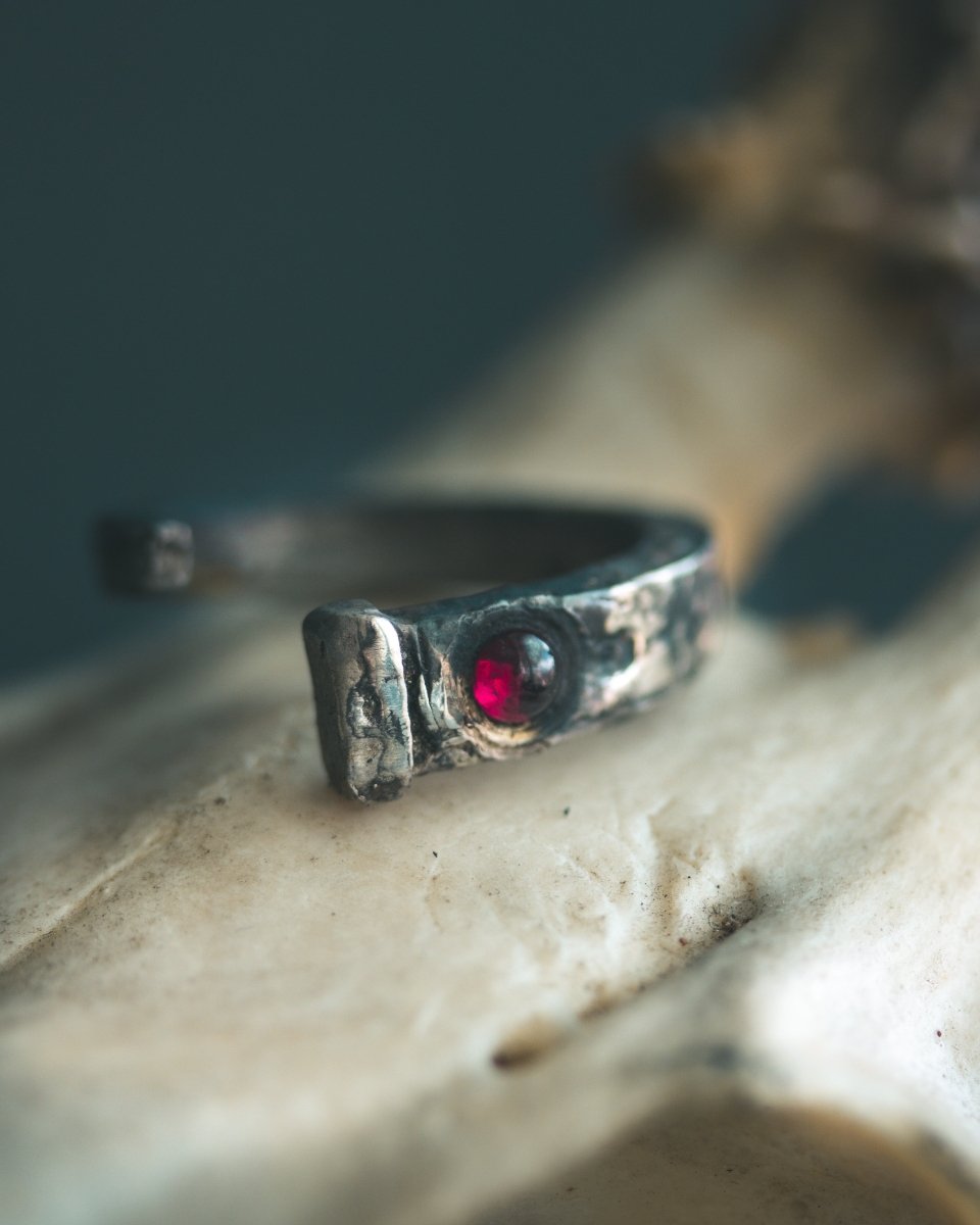 Coffin Nail Ring with Rhodolite Garnet Cabochon – Sterling Silver and 23.5K Gold Talisman of Banishment, Love & Inner Fire - Machinations