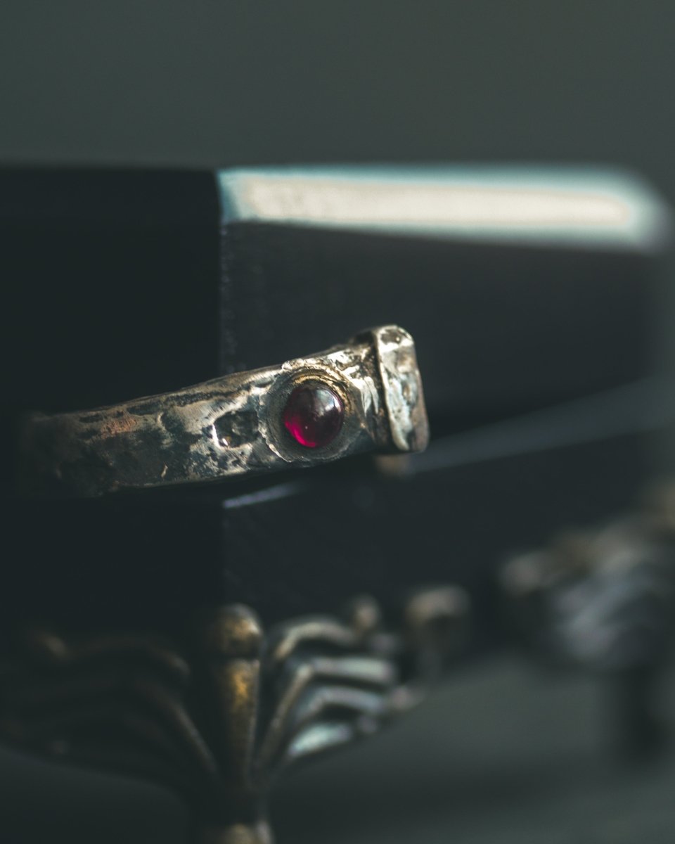 Coffin Nail Ring with Rhodolite Garnet Cabochon – Sterling Silver and 23.5K Gold Talisman of Banishment, Love & Inner Fire - Machinations