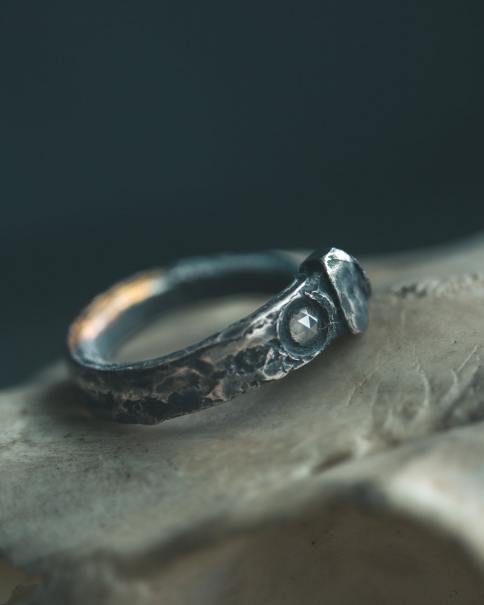 Coffin Nail Ring with White Ice Diamond – Sterling Silver & 23.5K Gold | Ritual Talisman of Endings, Clarity, and Sacred Protection - Machinations