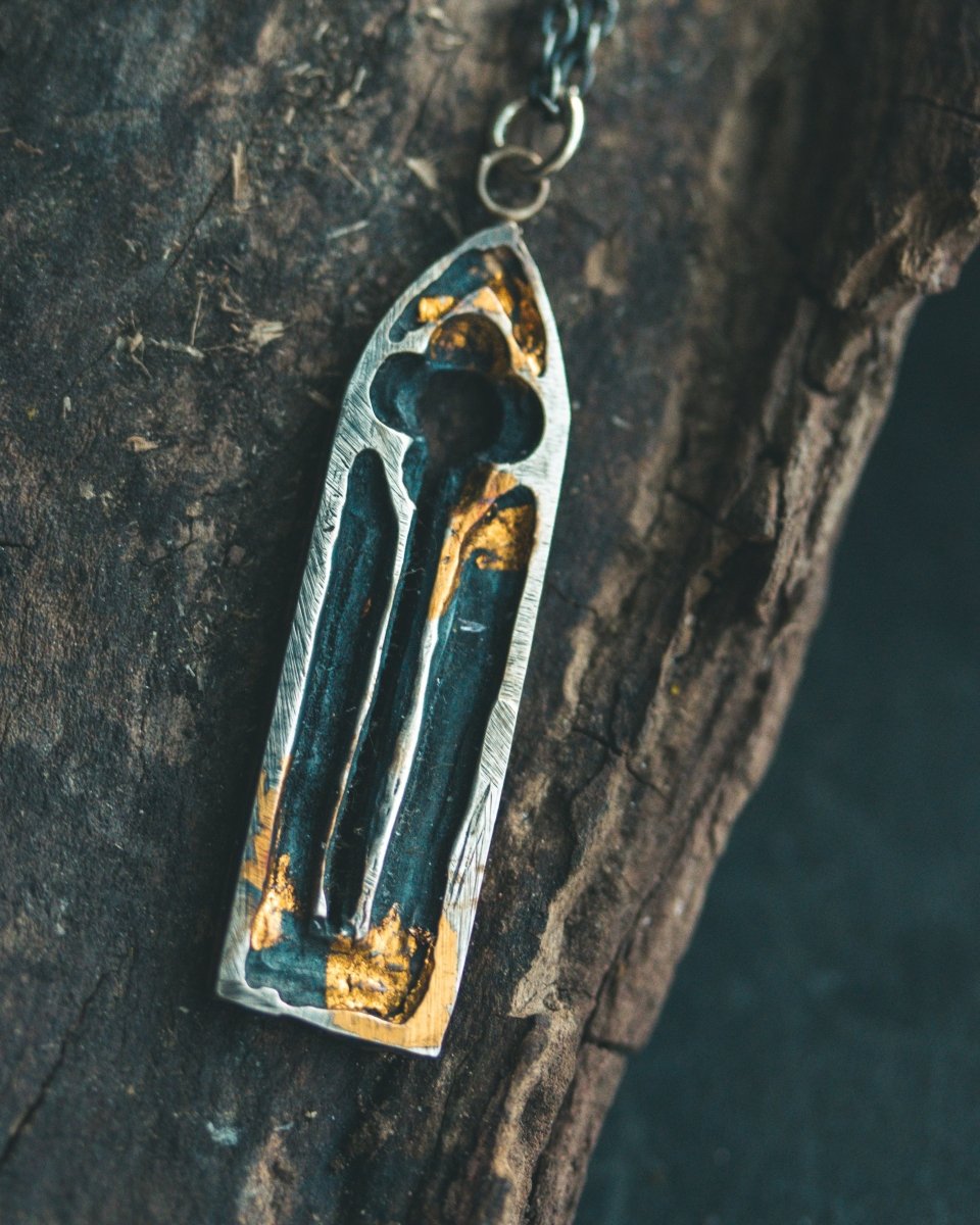 Divine Ruin Collection - Gothic Church Window Pendant | Sterling Silver & 23.5K Gold | Hand - Carved Talisman of Silence, Devotion & Sacred Decay - Machinations