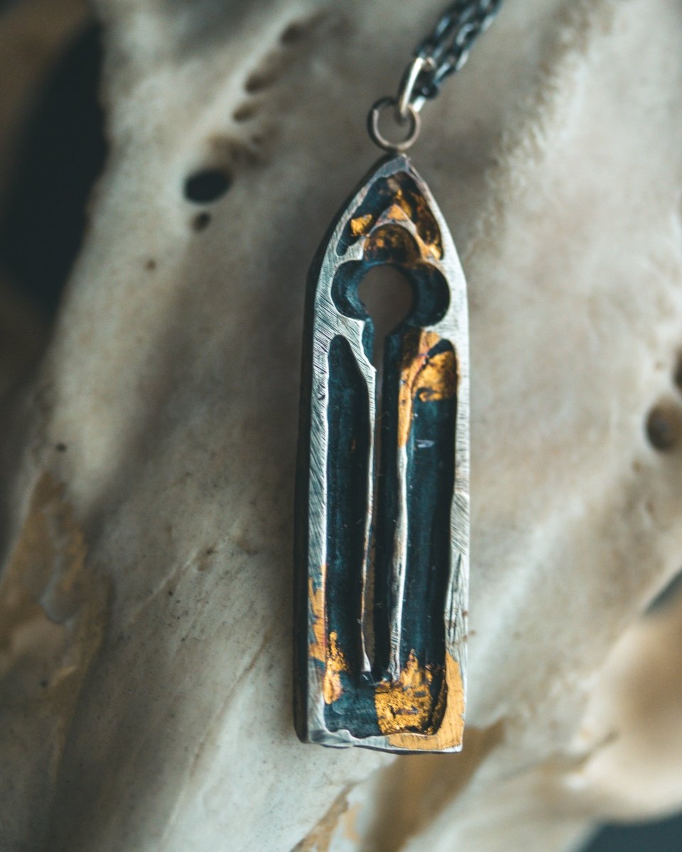 Divine Ruin Collection - Gothic Church Window Pendant | Sterling Silver & 23.5K Gold | Hand - Carved Talisman of Silence, Devotion & Sacred Decay - Machinations