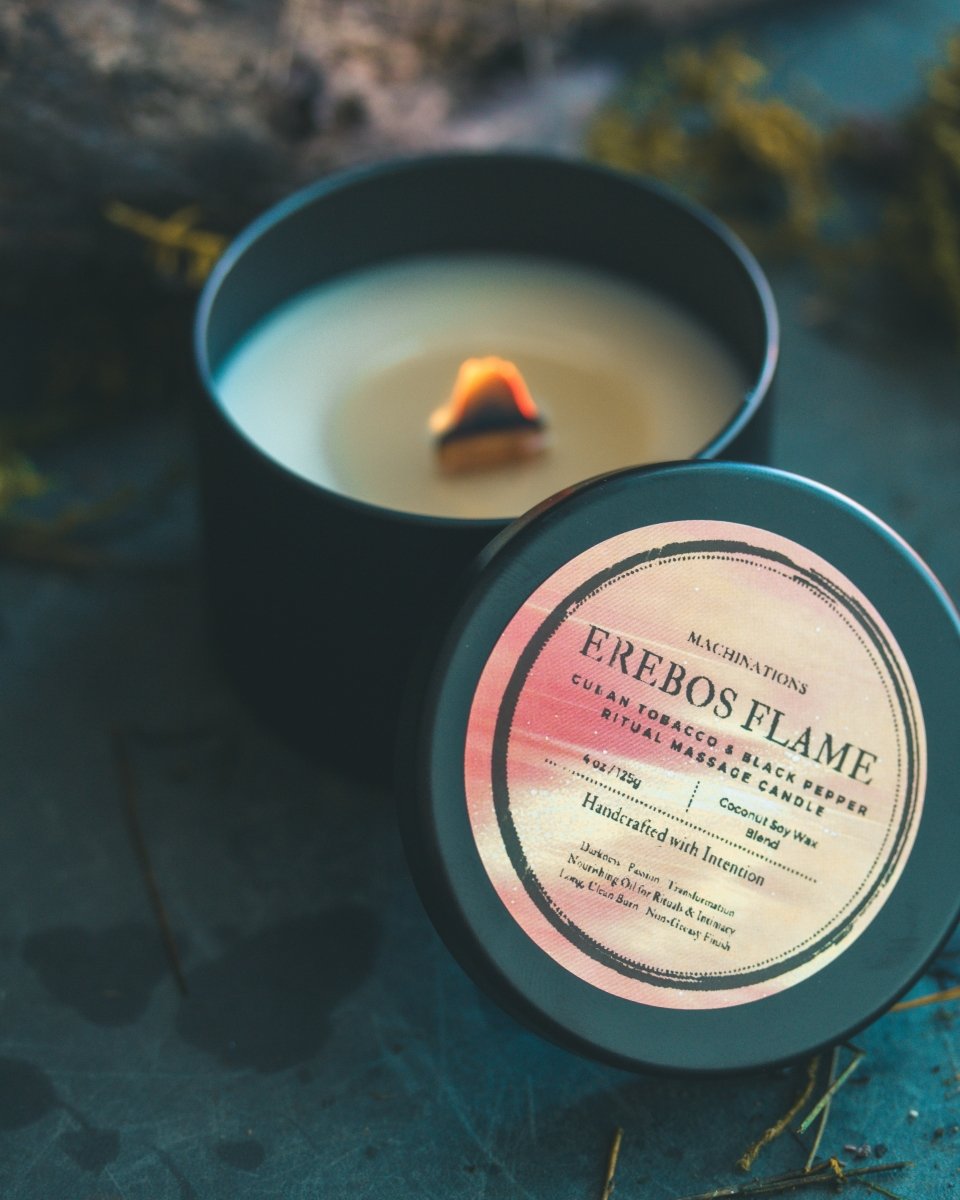 Erebos Flame: Cuban Tobacco & Black Pepper Ritual Massage Candle – Ignite Passion & Power" - Machinations