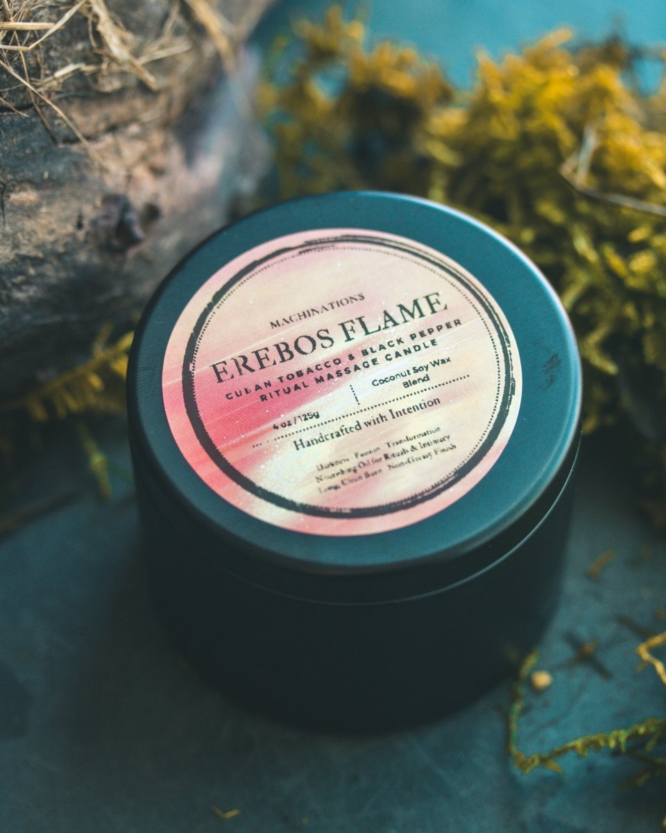 Erebos Flame: Cuban Tobacco & Black Pepper Ritual Massage Candle – Ignite Passion & Power" - Machinations