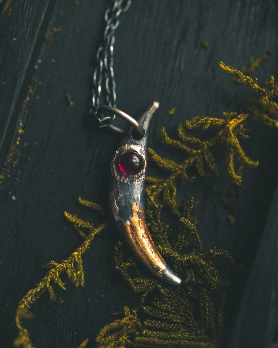 Fox Fang Pendant with Rare Neon Rhodolite Garnet: A Talisman of Passion, Transformation, and Hidden Power - Machinations