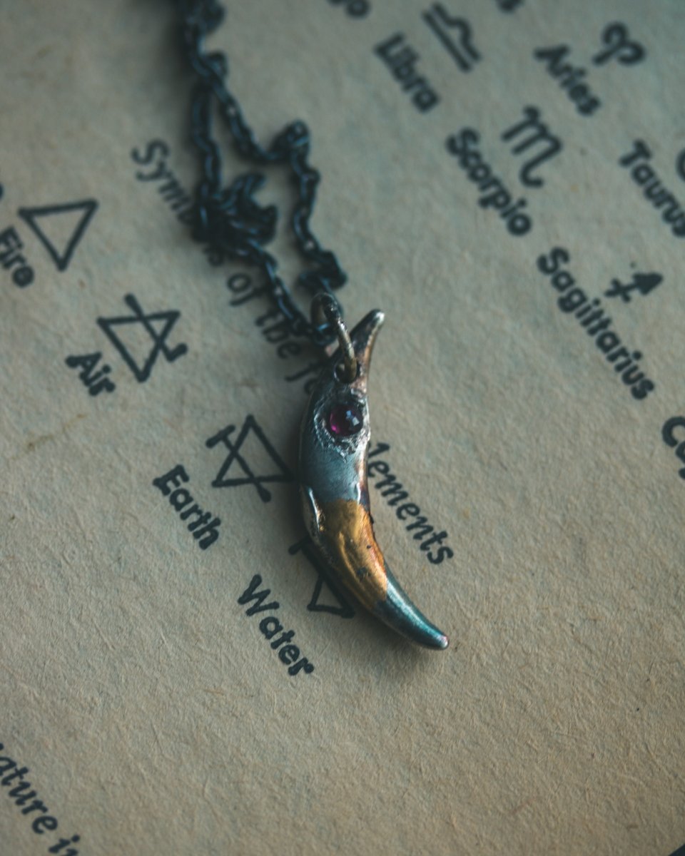 Fox Fang Pendant with Rose - Cut Rhodolite Garnet Sterling Silver | A Talisman of Instinct, Passion & Mystical Insight - Machinations