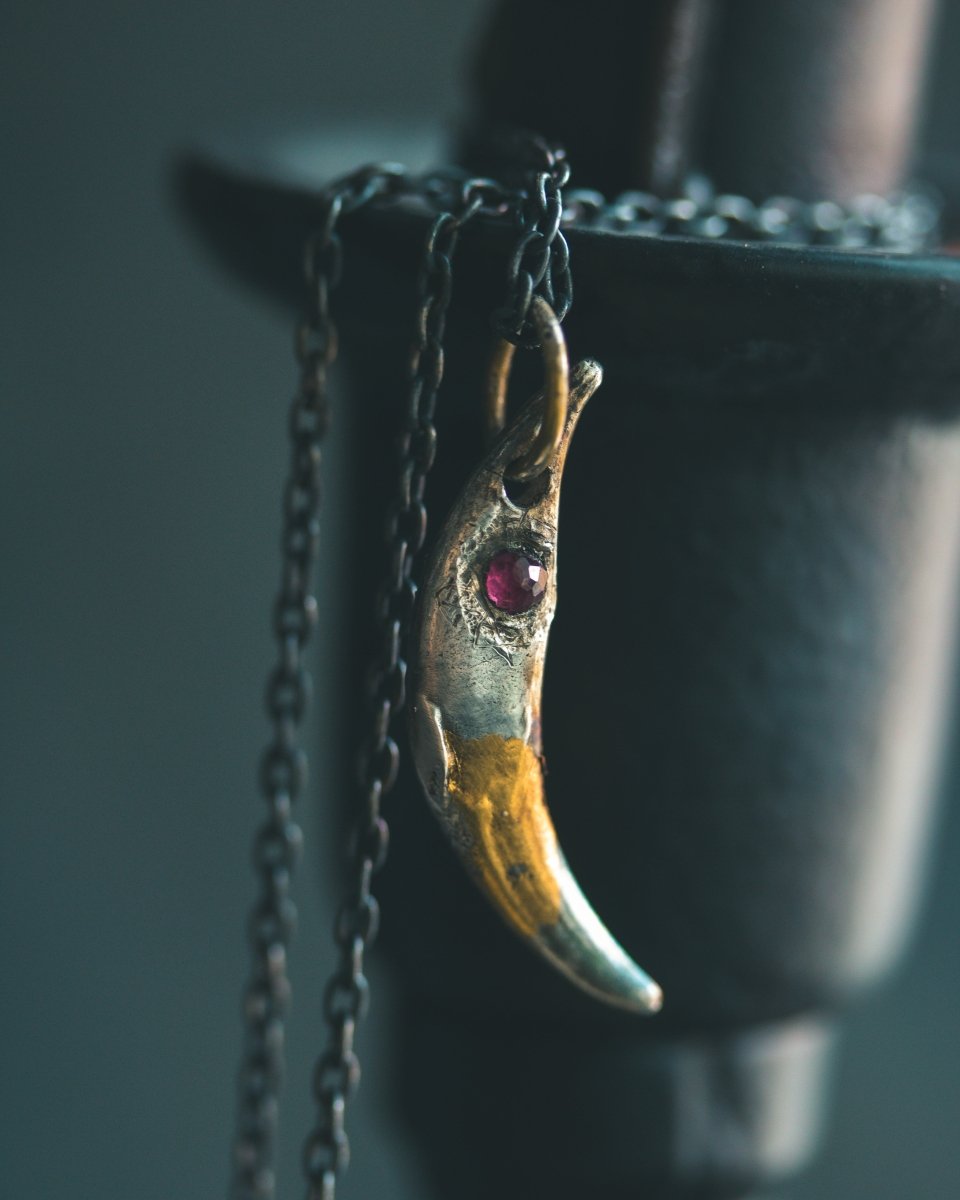 Fox Fang Pendant with Rose - Cut Rhodolite Garnet Sterling Silver | A Talisman of Instinct, Passion & Mystical Insight - Machinations