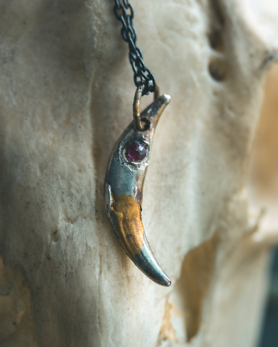Fox Fang Pendant with Rose - Cut Rhodolite Garnet Sterling Silver | A Talisman of Instinct, Passion & Mystical Insight - Machinations