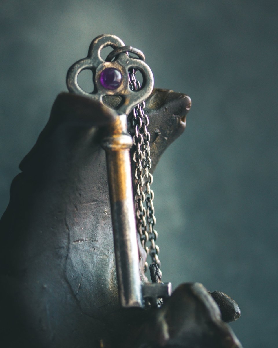 Hekate's Crossroads Key | African Amethyst Cabochon | Sterling Silver + 23.5K Gold | Hekate Wheel Pendant | Occult Talisman - Machinations