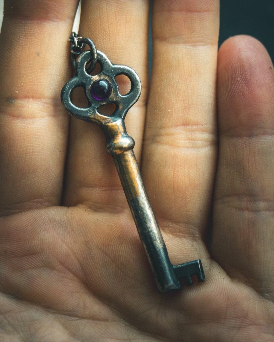 Hekate's Crossroads Key | African Amethyst Cabochon | Sterling Silver + 23.5K Gold | Hekate Wheel Pendant | Occult Talisman - Machinations