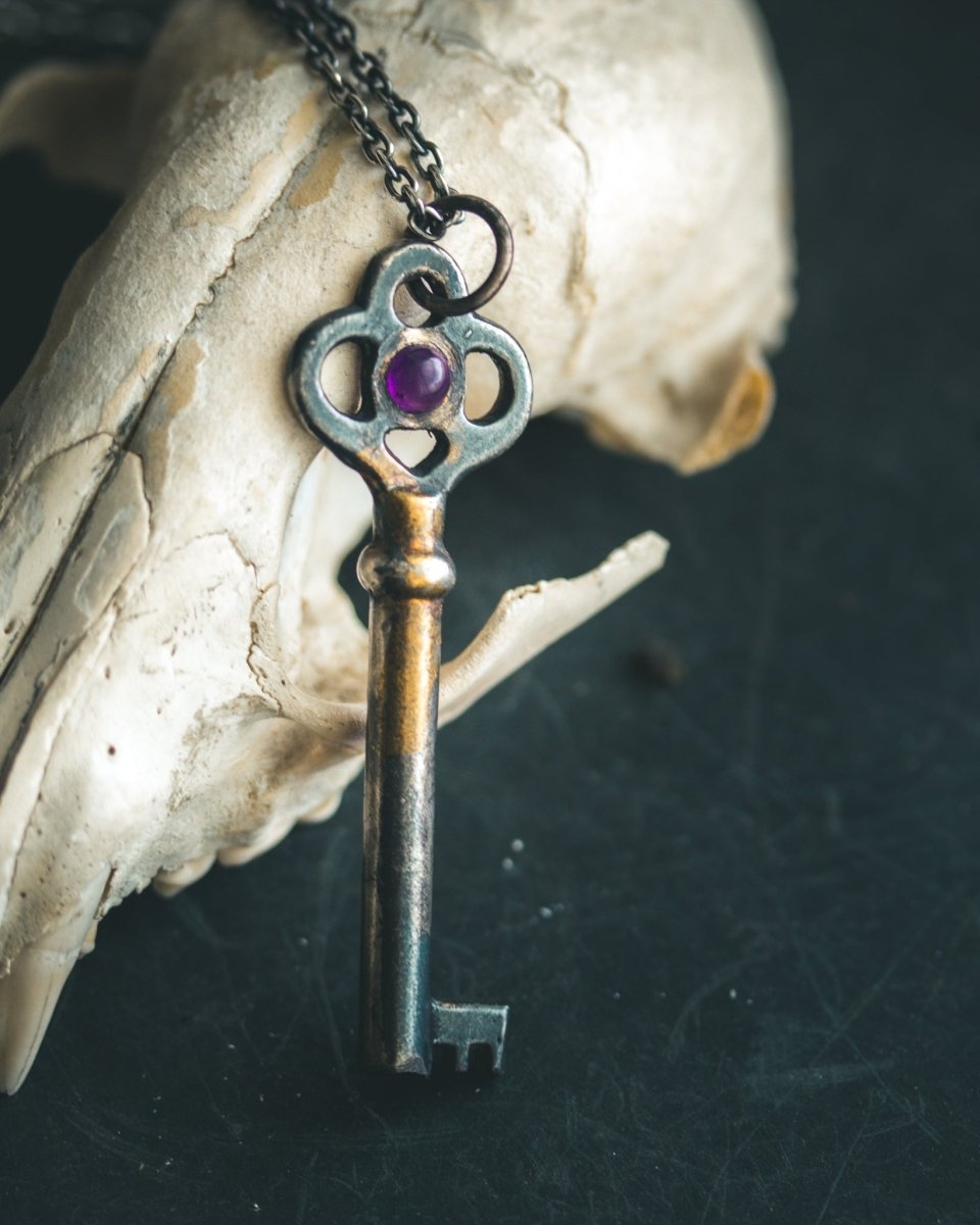 Hekate's Crossroads Key | African Amethyst Cabochon | Sterling Silver + 23.5K Gold | Hekate Wheel Pendant | Occult Talisman - Machinations