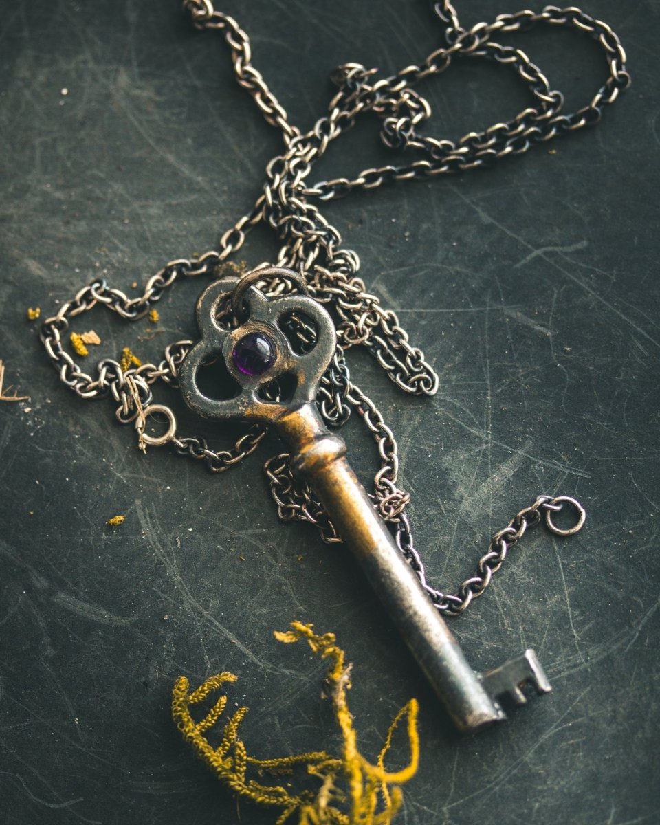 Hekate's Crossroads Key | African Amethyst Cabochon | Sterling Silver + 23.5K Gold | Hekate Wheel Pendant | Occult Talisman - Machinations