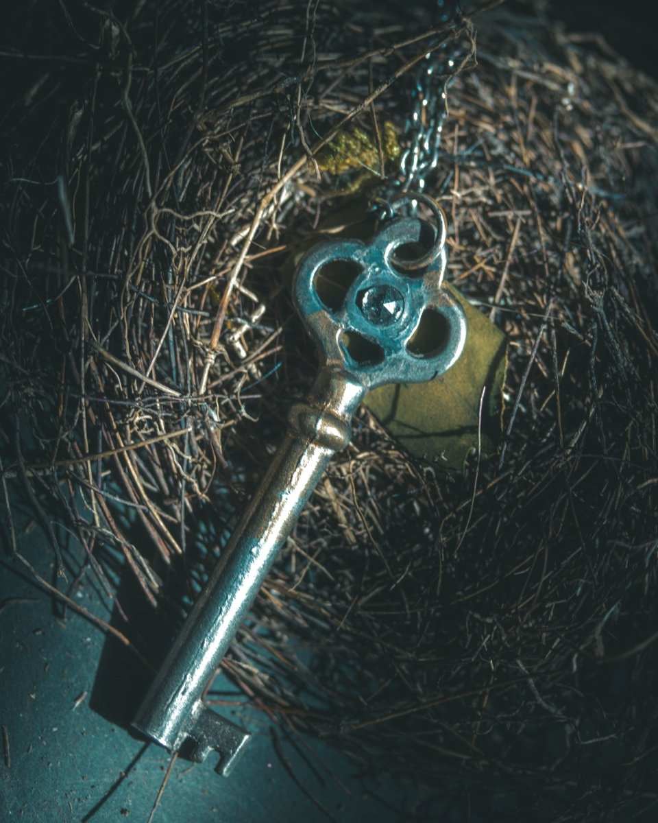 Hekate's Crossroads Key with 4mm Salt & Pepper Diamond – Sterling Silver & 23.5K Gold | Occult Talisman Pendant - Machinations