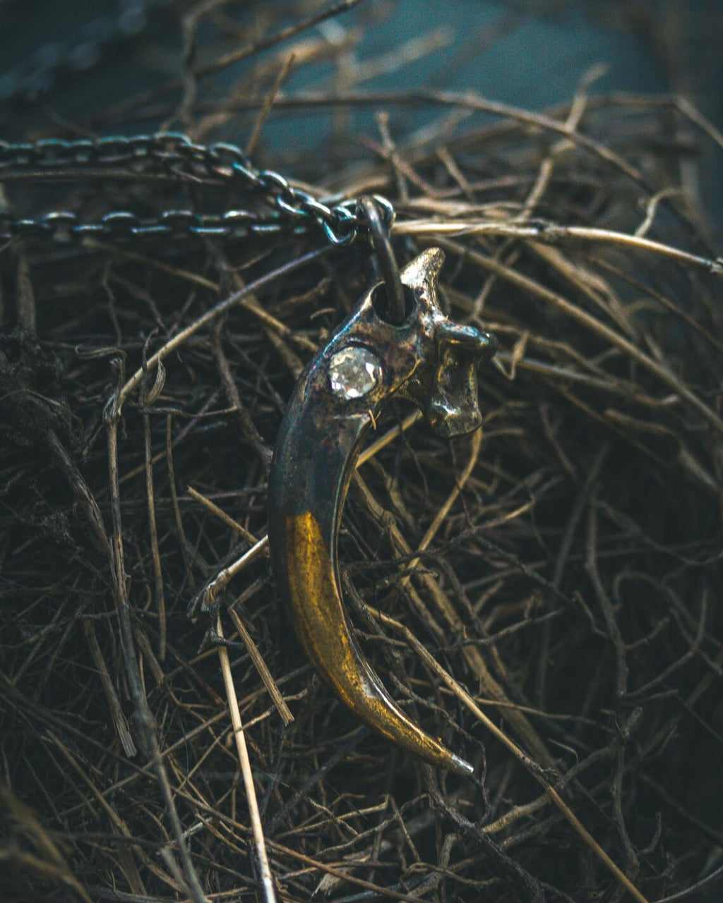 Raven Talon Pendant with Icy White Rose Cut Diamond in Sterling Silver and 23.5K Gold: A Talisman of Prophecy, Protection, and Primal Power