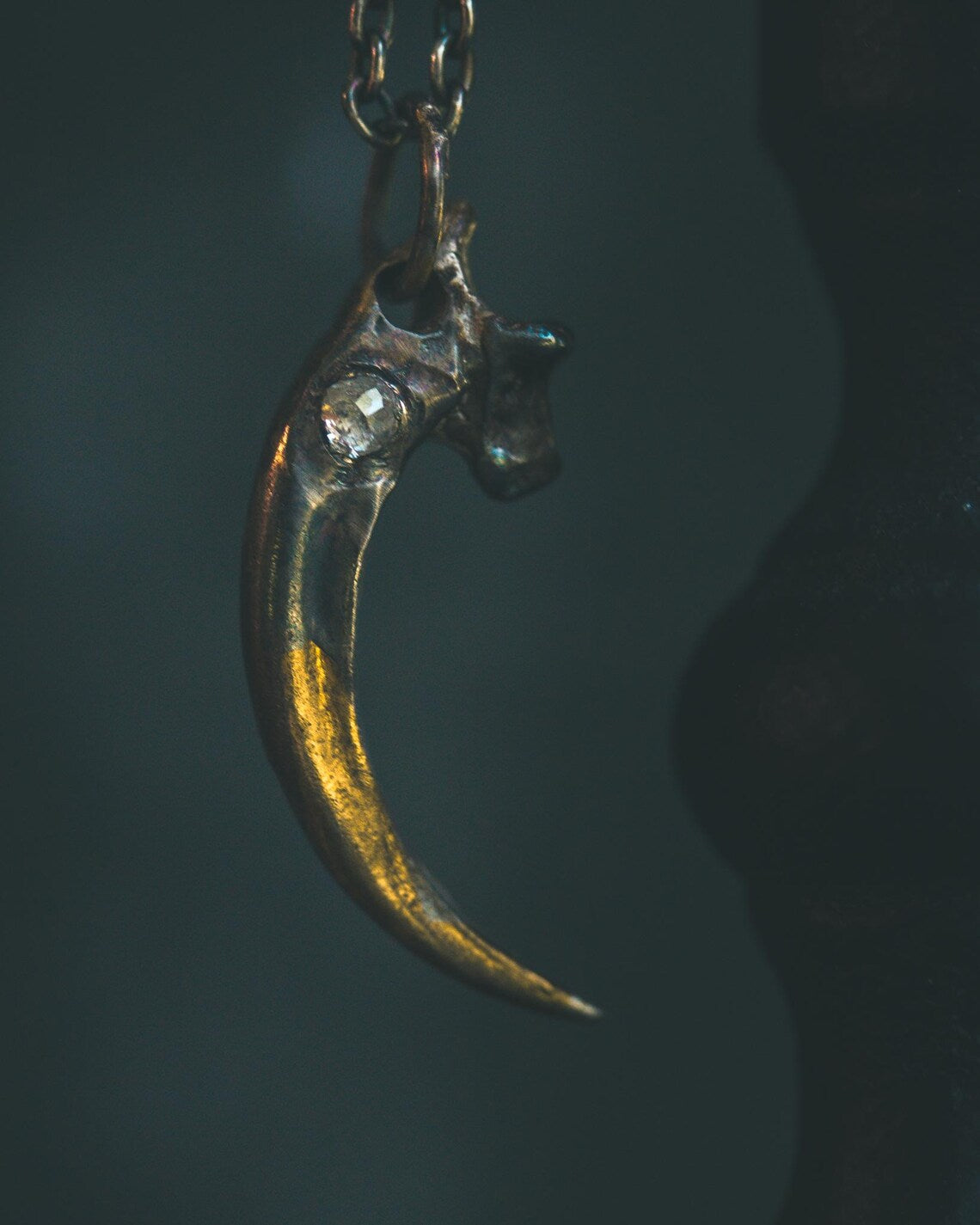 Raven Talon Pendant with Icy White Rose Cut Diamond in Sterling Silver and 23.5K Gold: A Talisman of Prophecy, Protection, and Primal Power