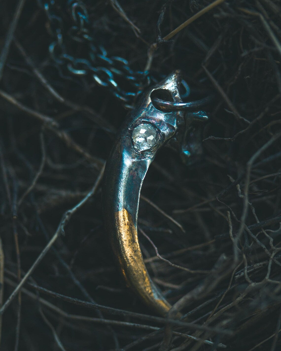 Raven Talon Pendant with Icy White Rose Cut Diamond in Sterling Silver and 23.5K Gold: A Talisman of Prophecy, Protection, and Primal Power