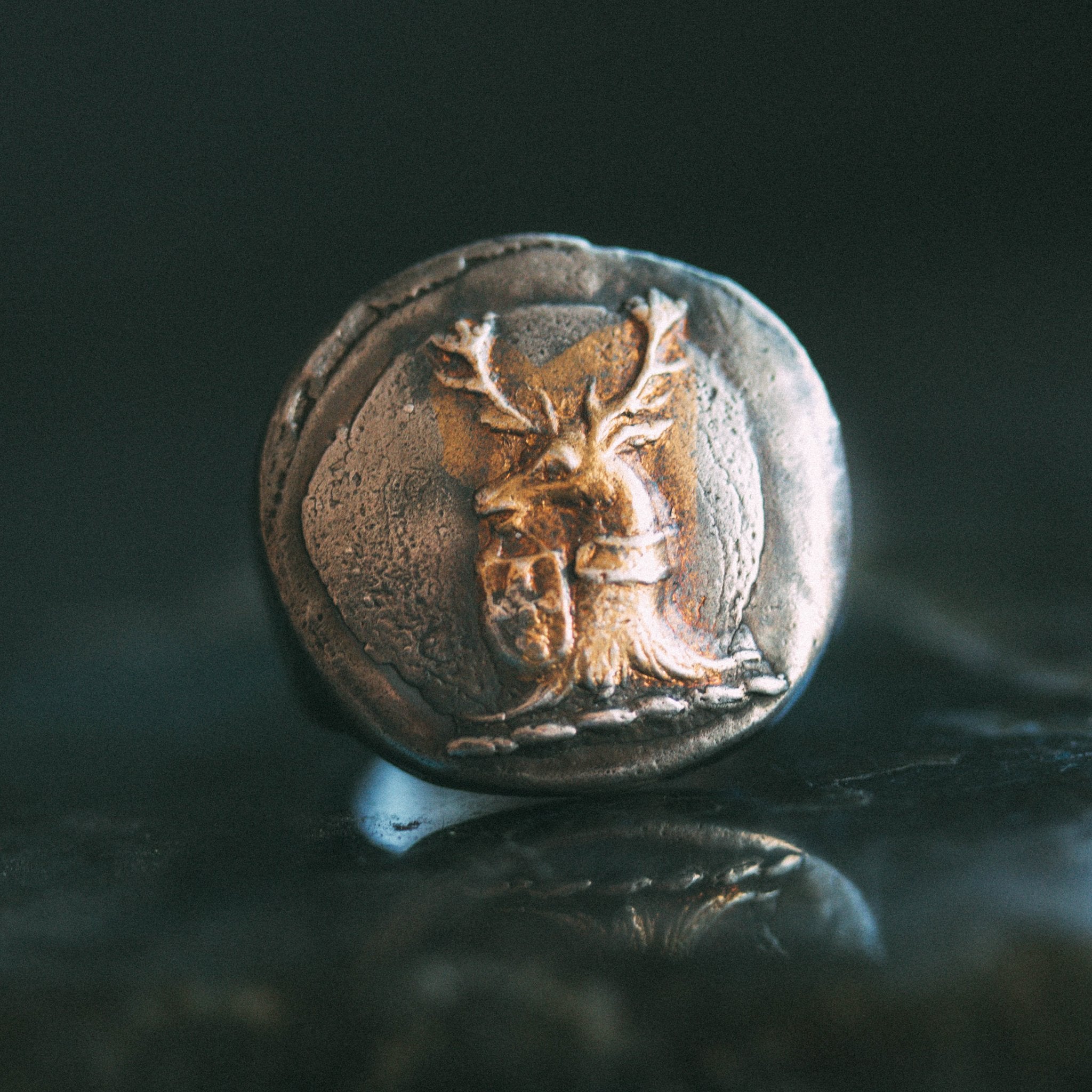 Illuminated Stag and Shield Signet Ring Round - Machinations